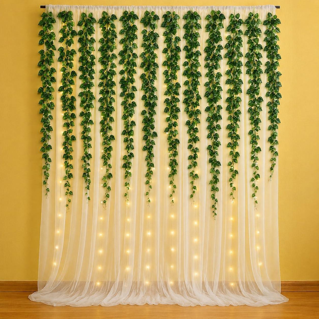 Ganpati Decoration Setup for Home, Decoration Backdrop with White Net Curtains, Artificial Leaves Creeper Vine Money Plant Leaf Garlands and Light Decorations Items, Ganesh Chaturthi - 18 Pcs