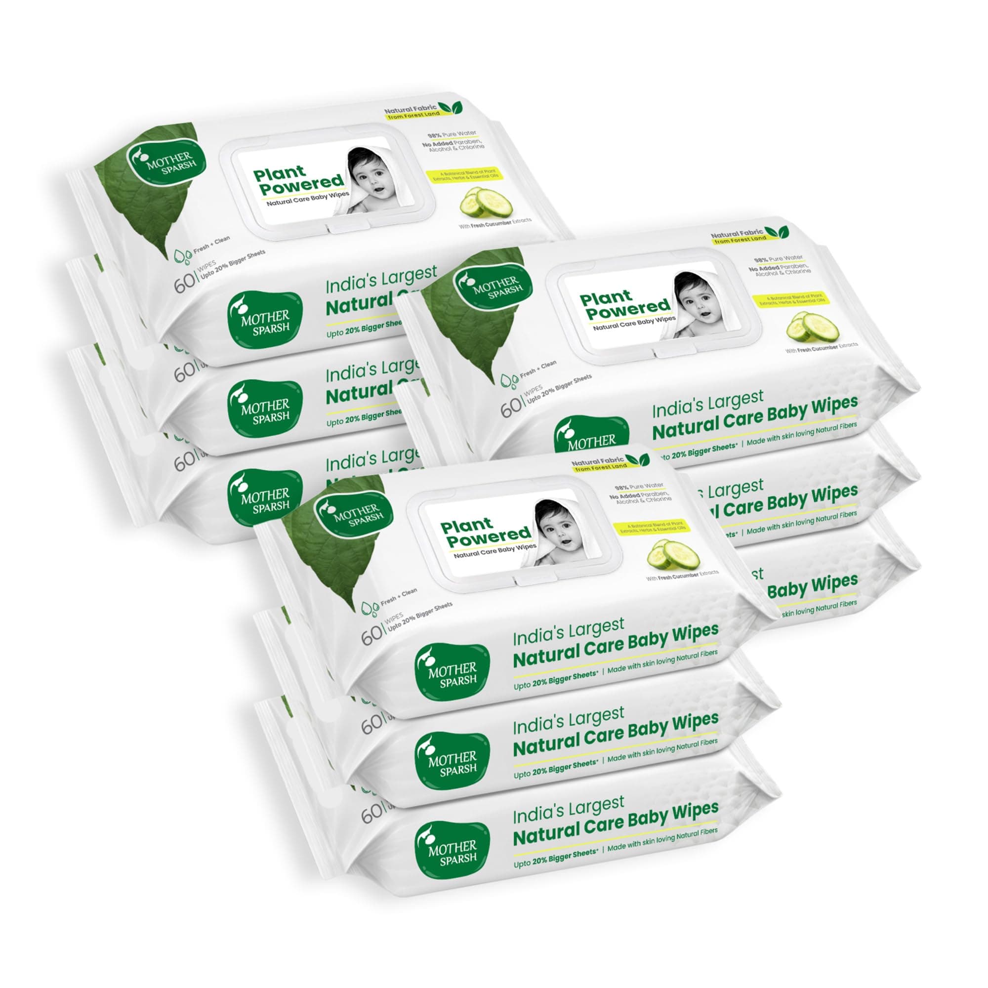 Mother Sparsh Natural Care Water Baby Wipes 60 Pcs (Pack of 9)I 100% Plant Made Fabric From Forest Land | Fresh+Cleanse (with Cucumber) Plant Powered Water Wipes For Baby I Cotton Cloth Like Bigger Sheets