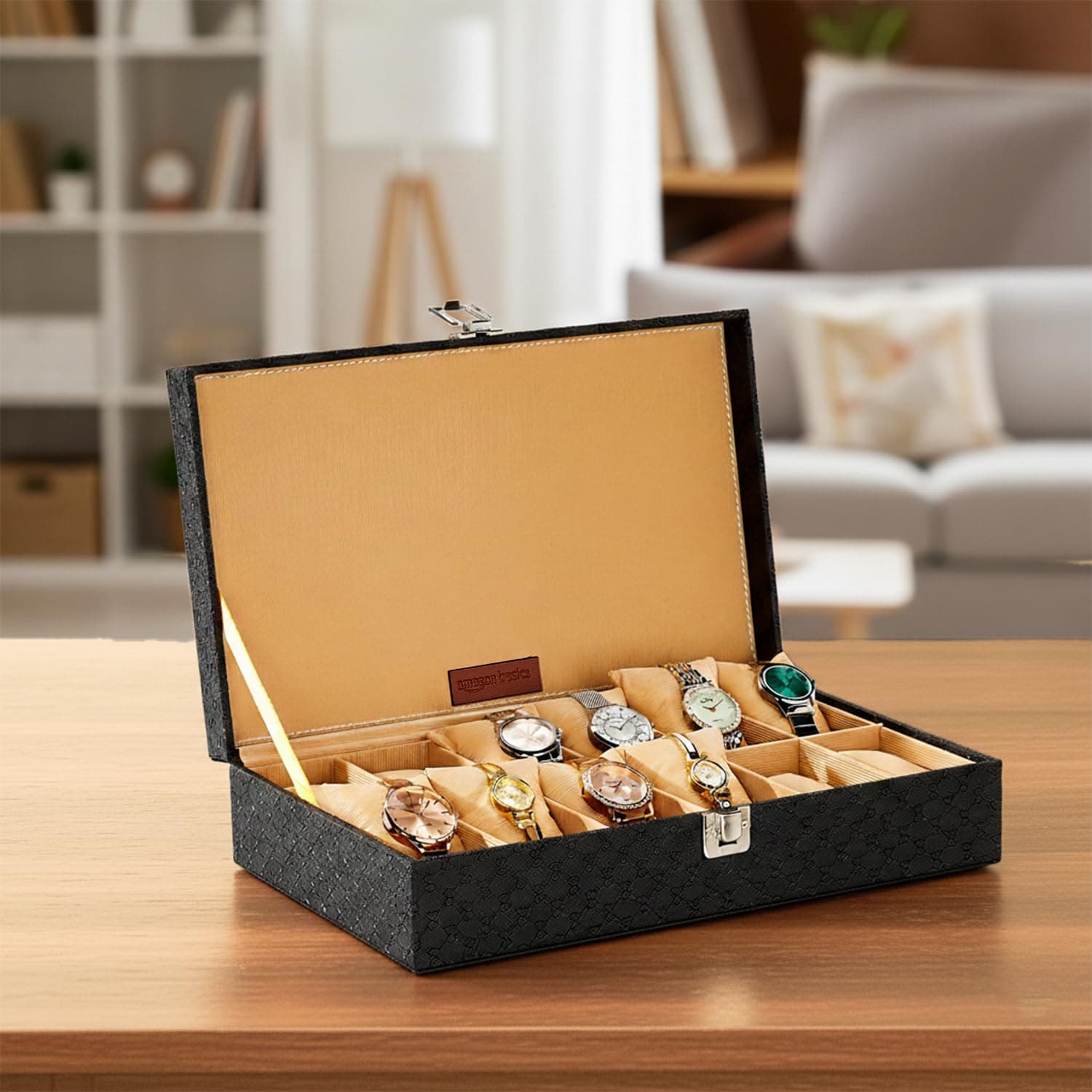 amazon basics Unisex Faux Leather Watch Organiser Box with 12 Slots |Watch Organiser|33.5LX20.5BX8H cm| Black