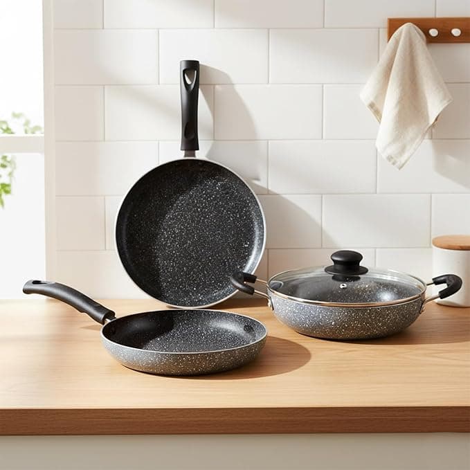 Amazon Solimo Aluminium 4 Piece Non-Stick Cookware Set | Granite Finish | Induction Base | PFOA Free | HTR Exterior Coating | 25 Cm Tawa, 22 Cm Kadai, 22 Cm Fry Pan, 1 Glass Lid | Grey