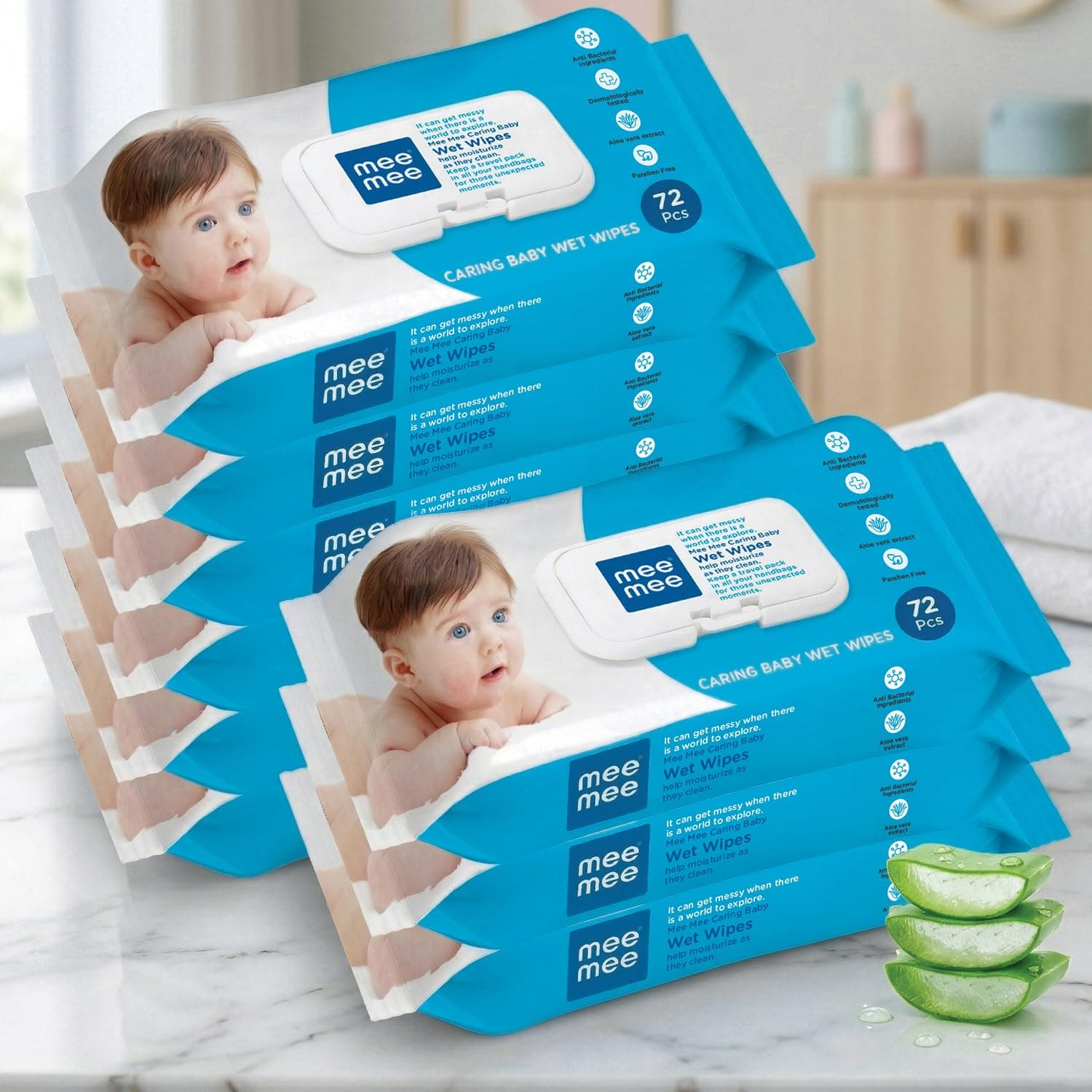 Mee Mee Baby Gentle soft Moisturing Wet Wipes with Aloe Vera extracts (unscented) without lid |72 pcs| Pack of 9