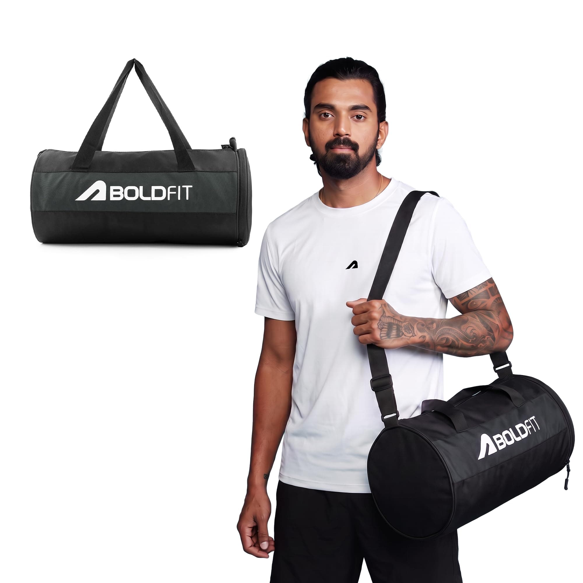 Boldfit Gym Bags for Men with Separate Shoe Compartment Unisex Duffle Bag for Carry & Travel Adjustable for Shoes Towel Duffel Sports Bag for Women & Men 20L - Black Grey