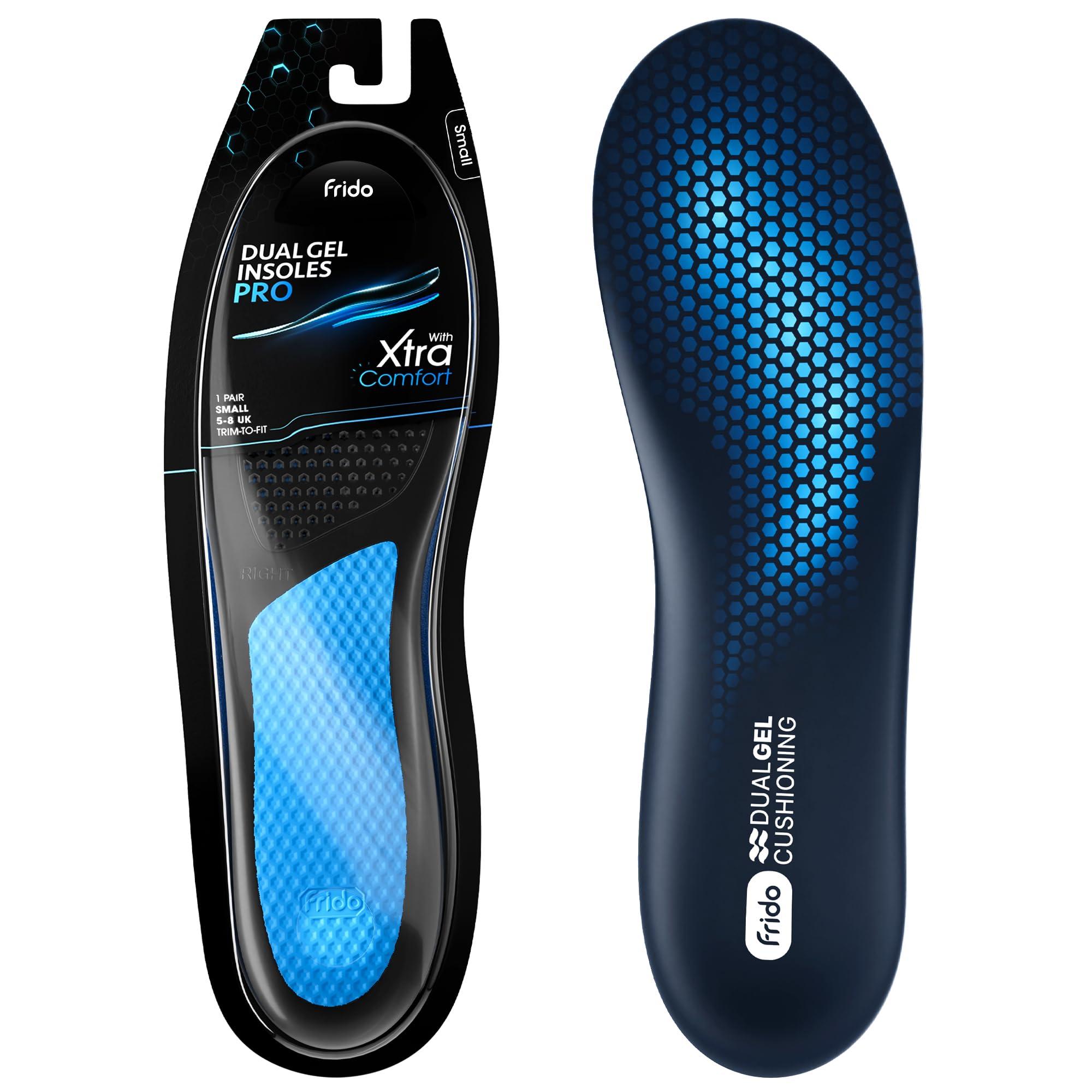 Frido Dual Gel Pro Shoe Insoles -Trimmable Shoe Sole for Men & Women for Stability, Shock Absorption & Comfort | Anti-Sweat Sports Insole, Foot Support Silicone Shoe Sole - 1 Pair | 5-8 UK Small Size