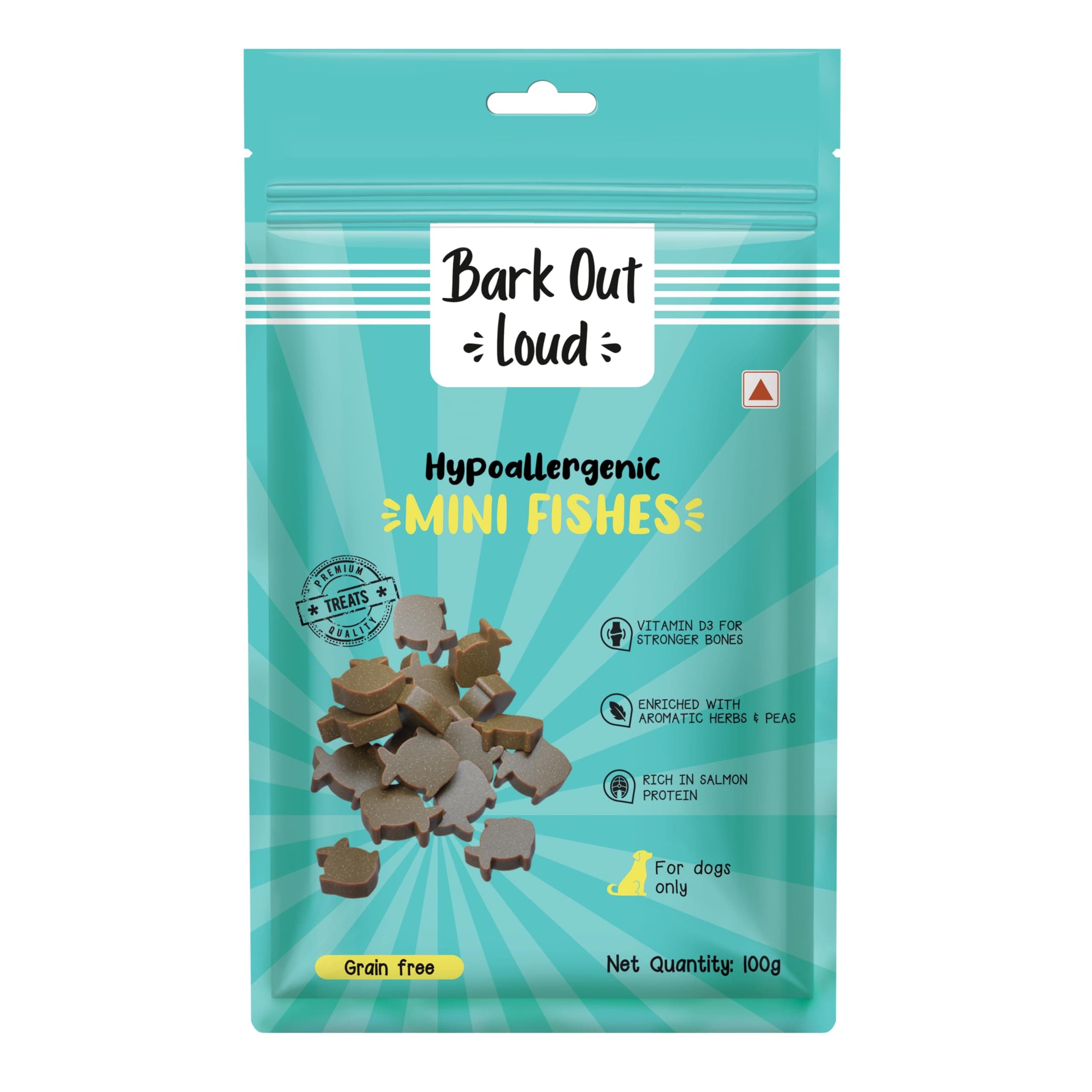 BARK OUT LOUD - Mini Fishes Dog Treats | Hypoallergenic/Grain-Free | Soft Chews with Biotin | Salmon, Peas & Aromatic Herbs | Protein-Packed Snacks for Adult Dogs (100g)