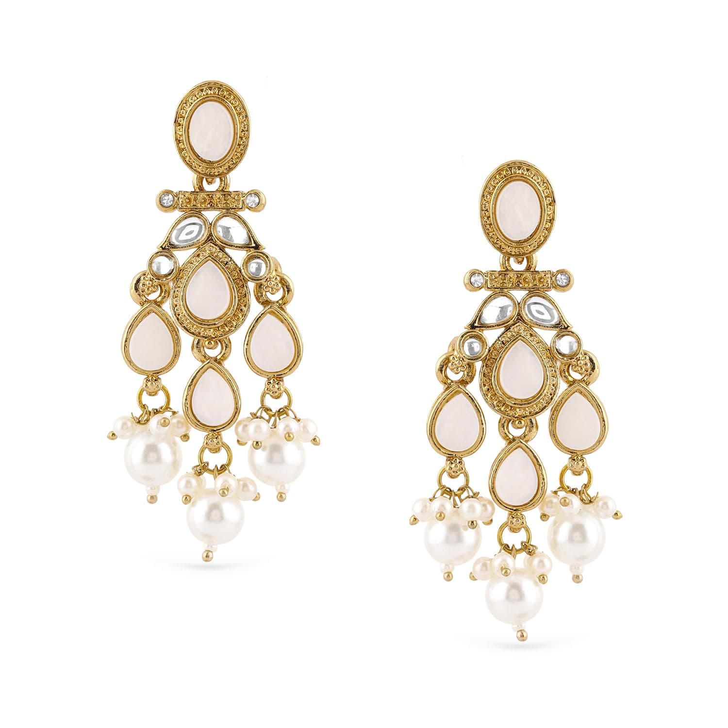 Rubans Gold Plated Kundan Pearl Drop Chandelier Earrings Traditional Festive Jewellery for Women & Girls