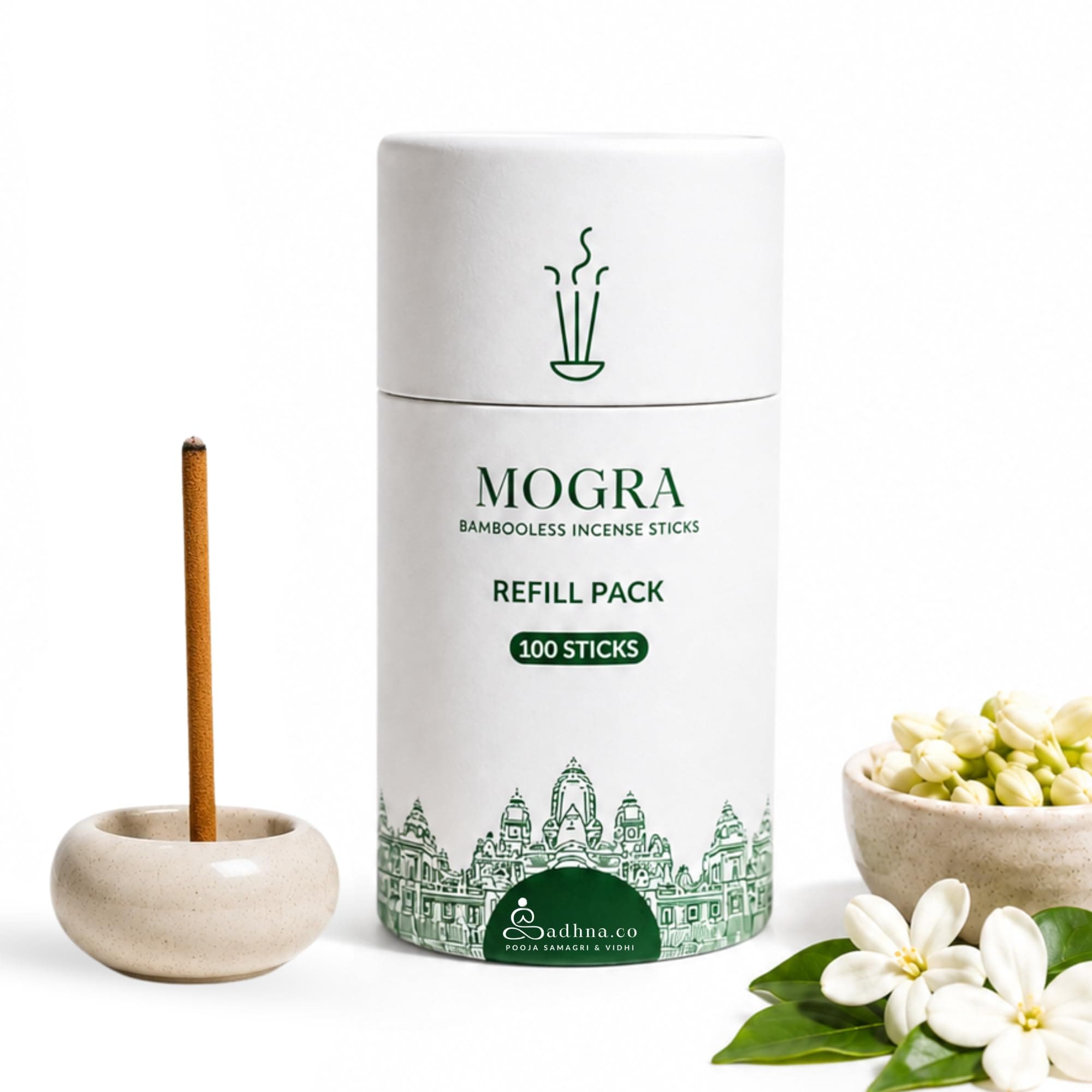 Sadhna.co Mogra (Jasmine) Bambooless Incense Sticks Refill for Home & Pooja (100 Sticks) | Fresh Floral Natural Agarbatti | Chemical-Free Smokeless Dhoop Sticks for Meditation, Aarti & Aromatherapy