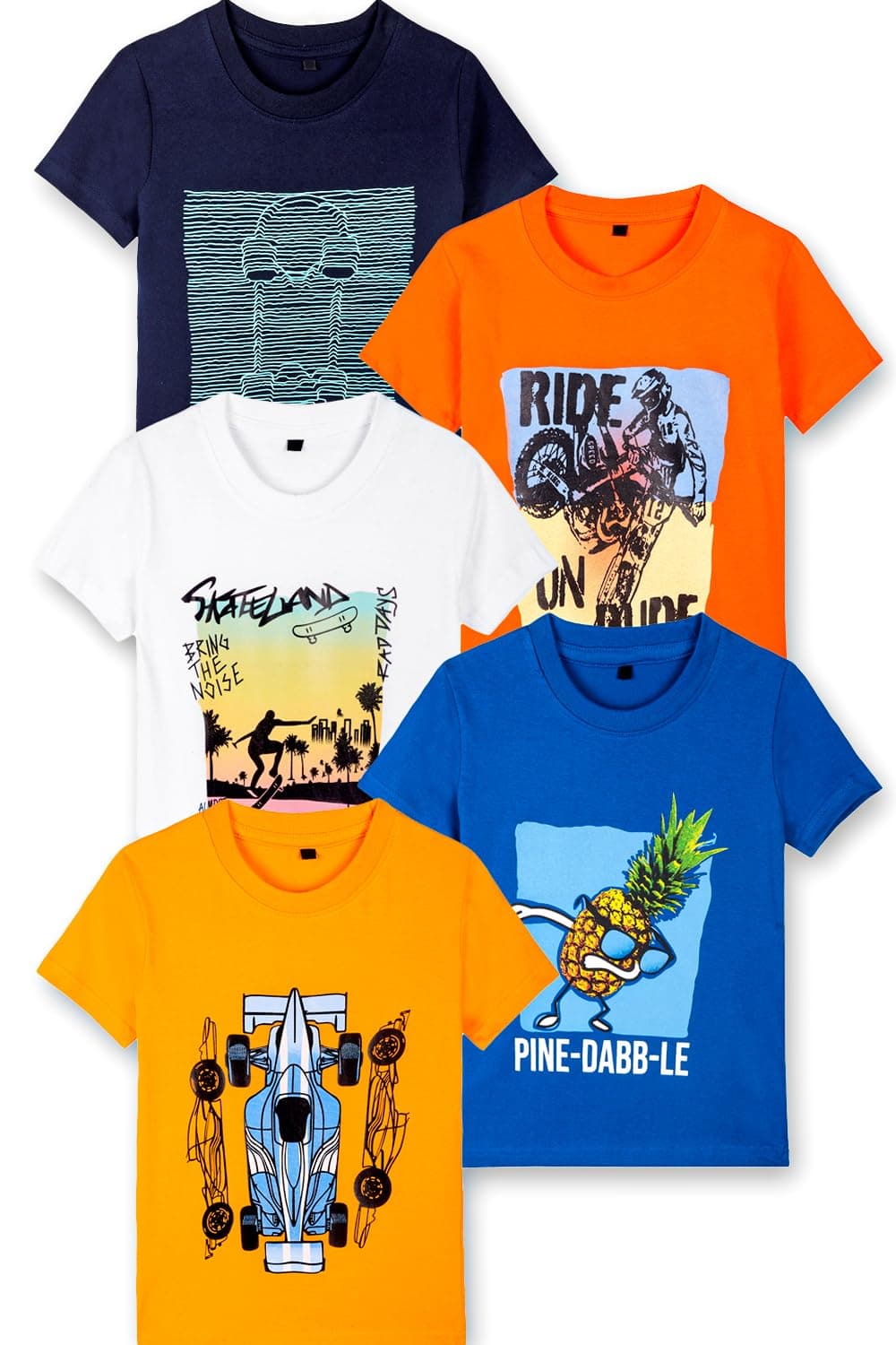 T2F Boys Cotton Printed Regular Fit T-Shirt (Pack 0f 5), Assorted, 13-14 Years