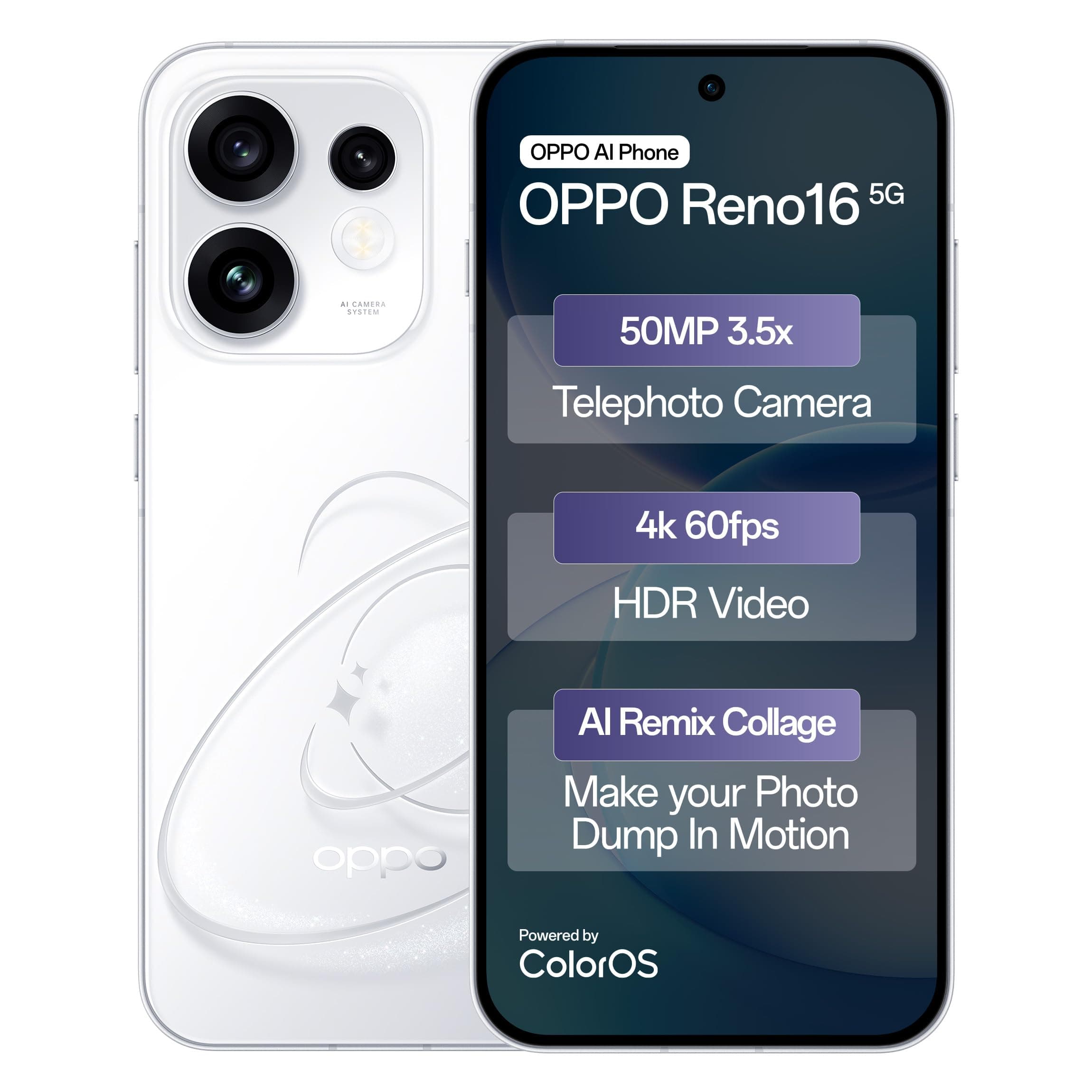 Oppo Reno16 5G (Starry White, 8GB, 256GB) | 3D Design | 50MP 3.5X Telephoto Camera | 4K 60fps HDR Video | AI Remix Collage | Snapdragon 7 Gen 4 | 6700mAh 80W SUPERVOOC | ColorOS 16 | IP69K