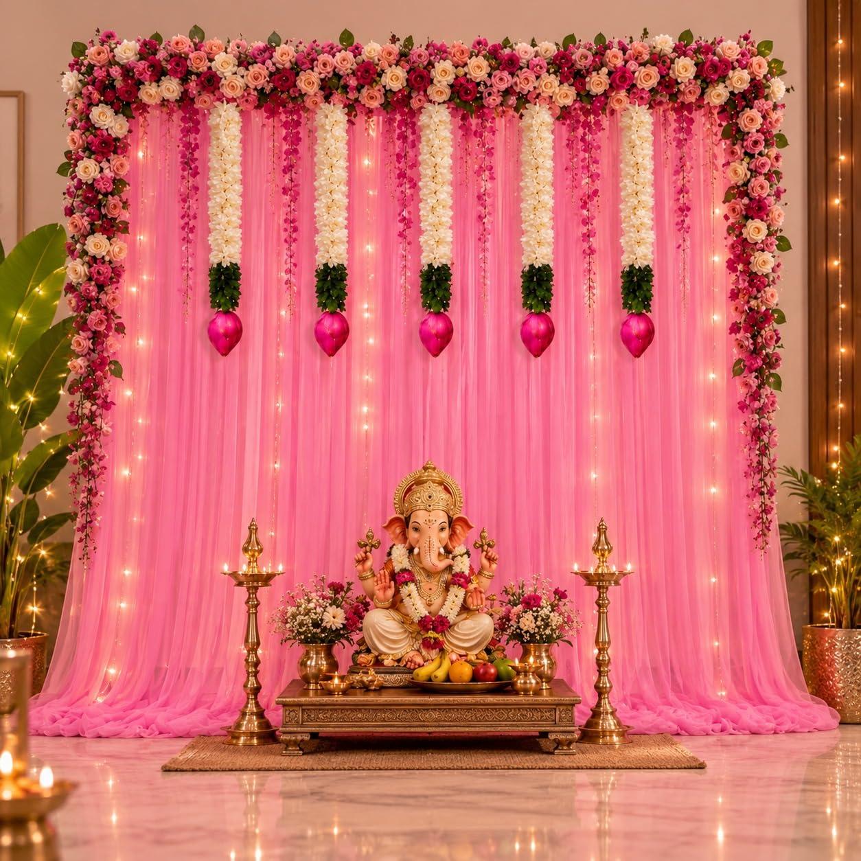 Shimmers Ganpati Decoration Net Curtain Kit Set of 8 – 3 Artificial Gajra with Lotus, 2 Pink Net Curtains (4.8 Feet Each), 1 Pink Ribbon & 2 Hooks for Ganesh Chaturthi, Navratri, Home Backdrop Decor