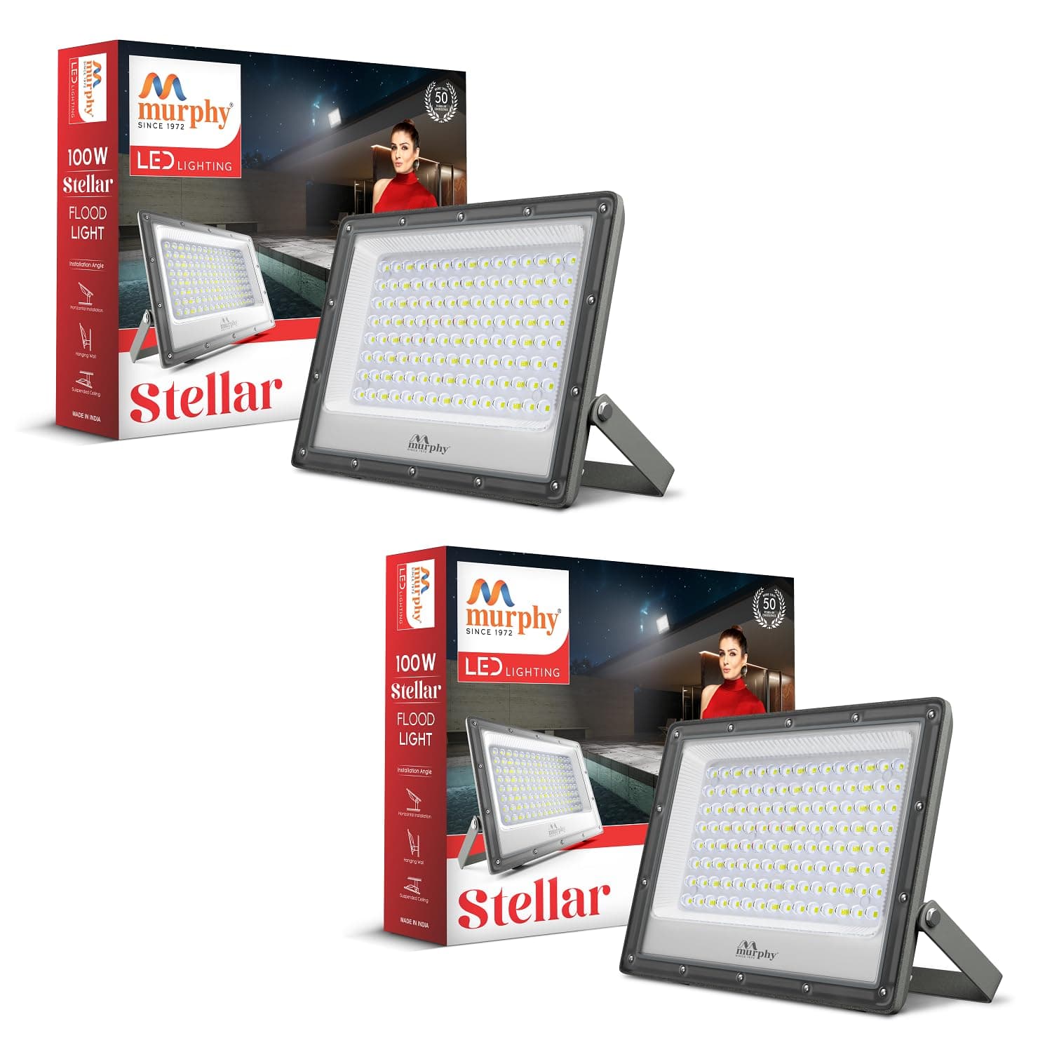 Murphy Stellar 100W LED Flood Light With 2-Year Warranty | Cool White | High Brightness Outdoor LED For Security, Landscape, Warehouse, Backyard| IP66 Waterproof | BIS Approved Pack of 2,Gu10
