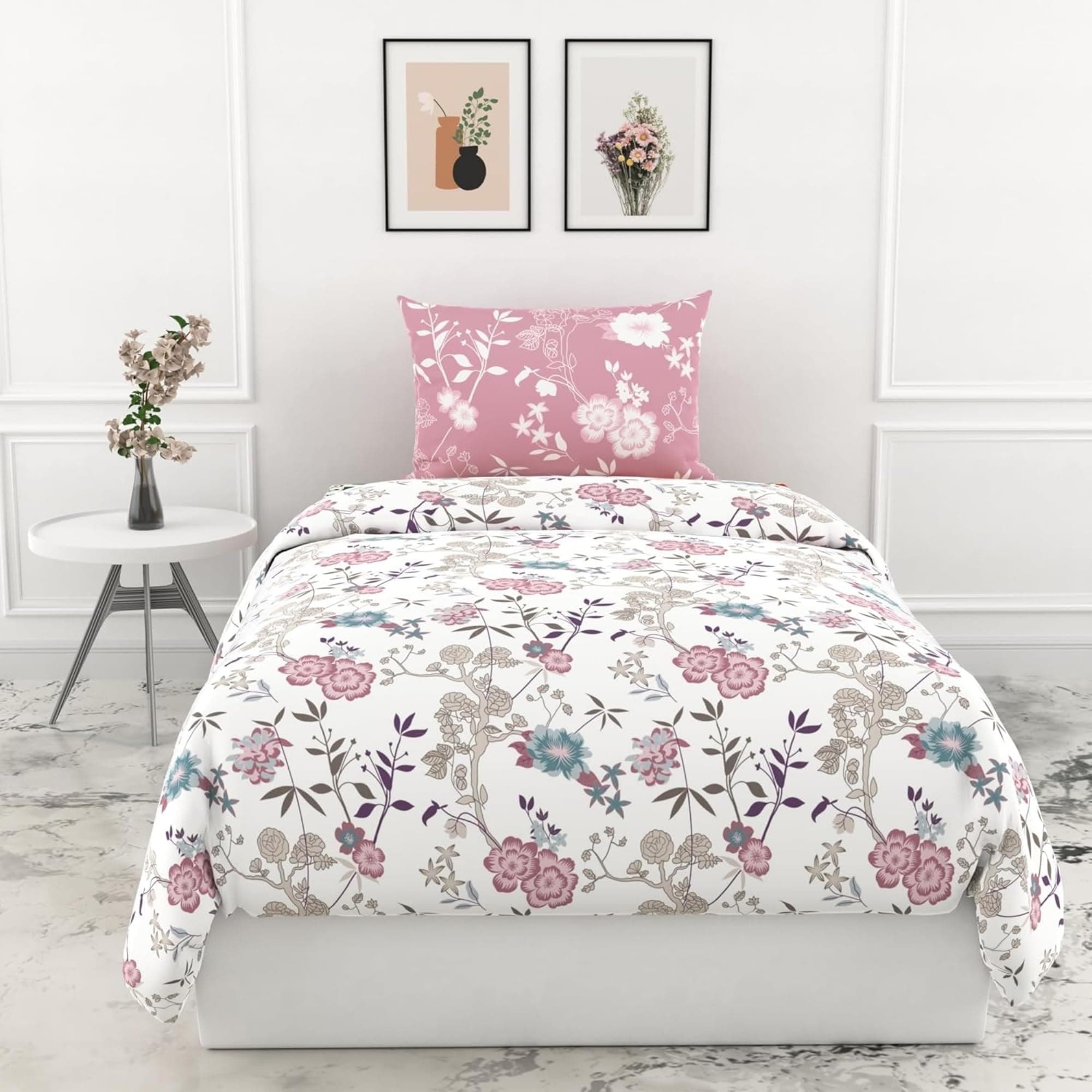 LORETO - A QUALITY LINEN BRAND 144 TC 100% Pure Cotton Bedsheet for Single Bed, 144TC Soft & Breathable Single Bed Sheet with Pillow Cover (Blush Pink & Teal Blooms, 54 x 84 Inches)