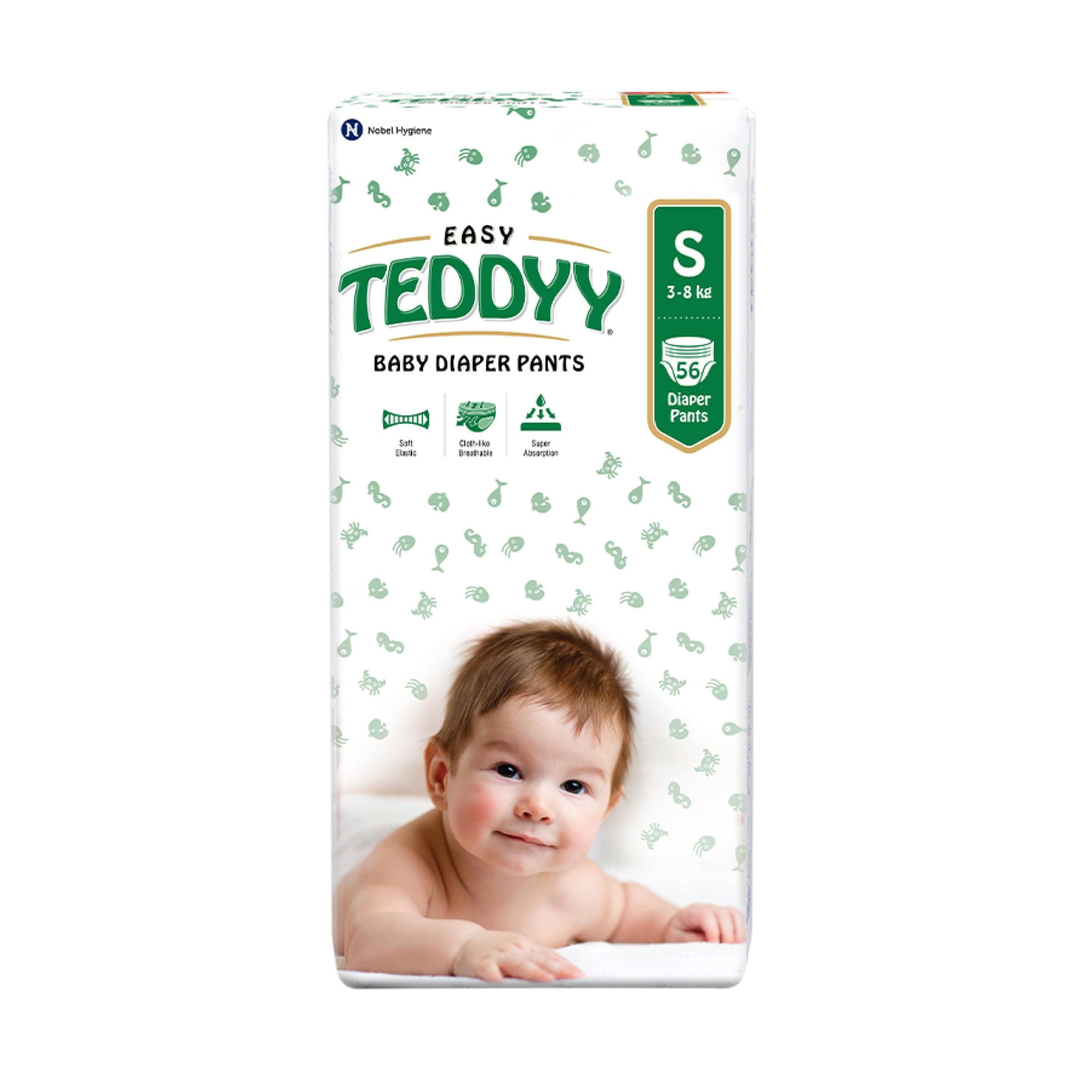 TEDDYY Easy Baby S Size Diaper Pant Style |56 Count (Small) | 3–8 kg (Pack of 1) | Long Protection Hours | Anti-Bacterial | Airy Breathable Fit | Rapid Soaker Channels with Wetness Indicator