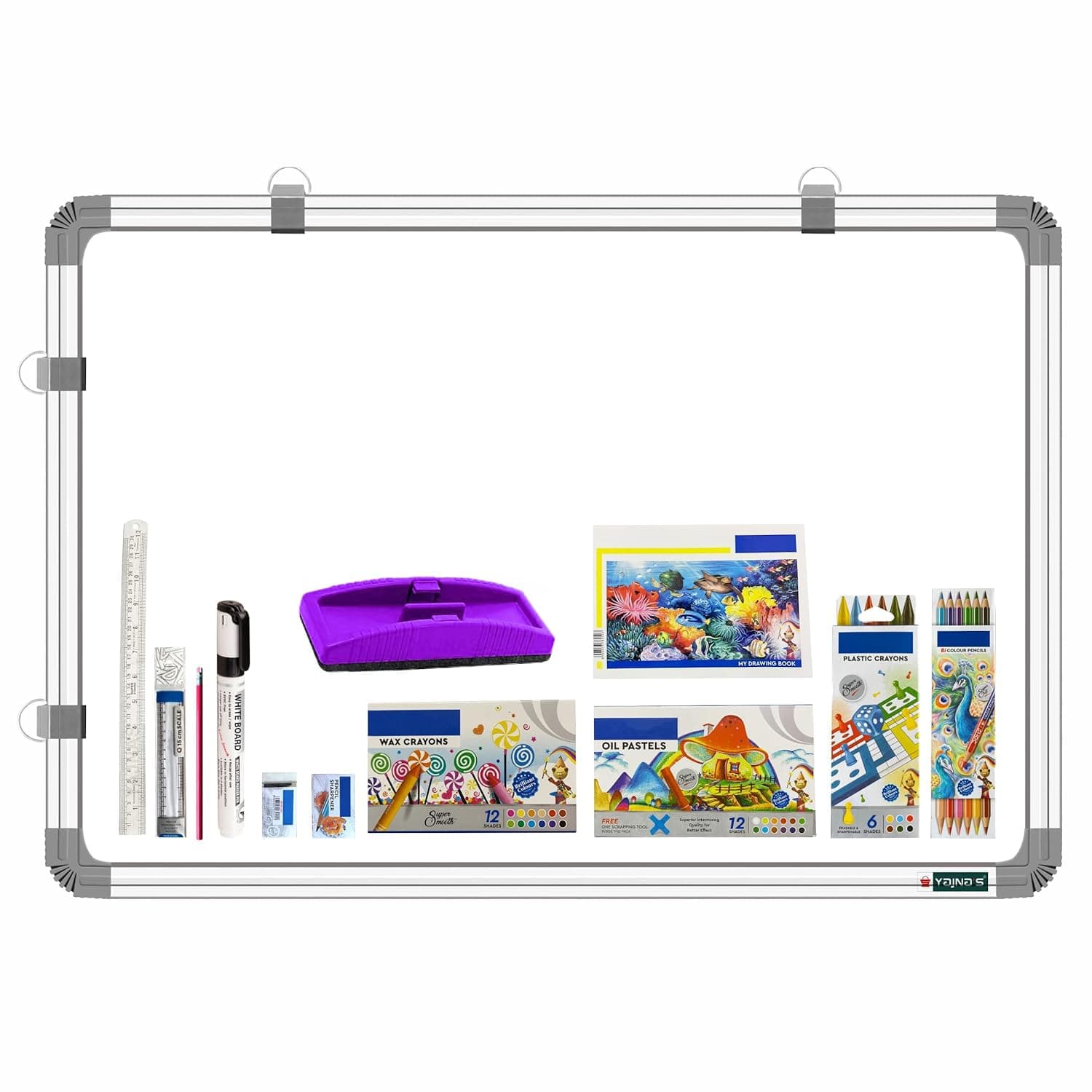 YAJNAS® Non-Magnetic 2x3 Feet Double Sided White Board & Chalk Board Both Side Writing Boards, one Side White Marker & Reverse Side Chalk Board Surface (2x3 Beginners Art Combo Kit)