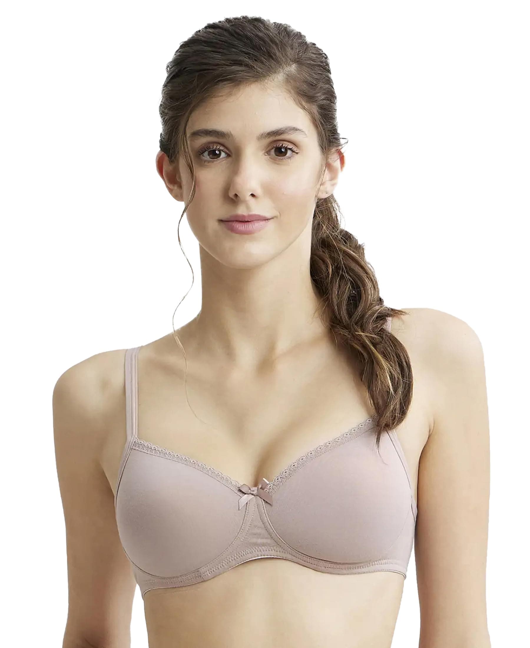 Jockey 1723 Women's Wirefree Padded Super Combed Cotton Elastane Stretch Medium Coverage Lace Styling T-Shirt Bra with Adjustable Straps_Mocha_32B