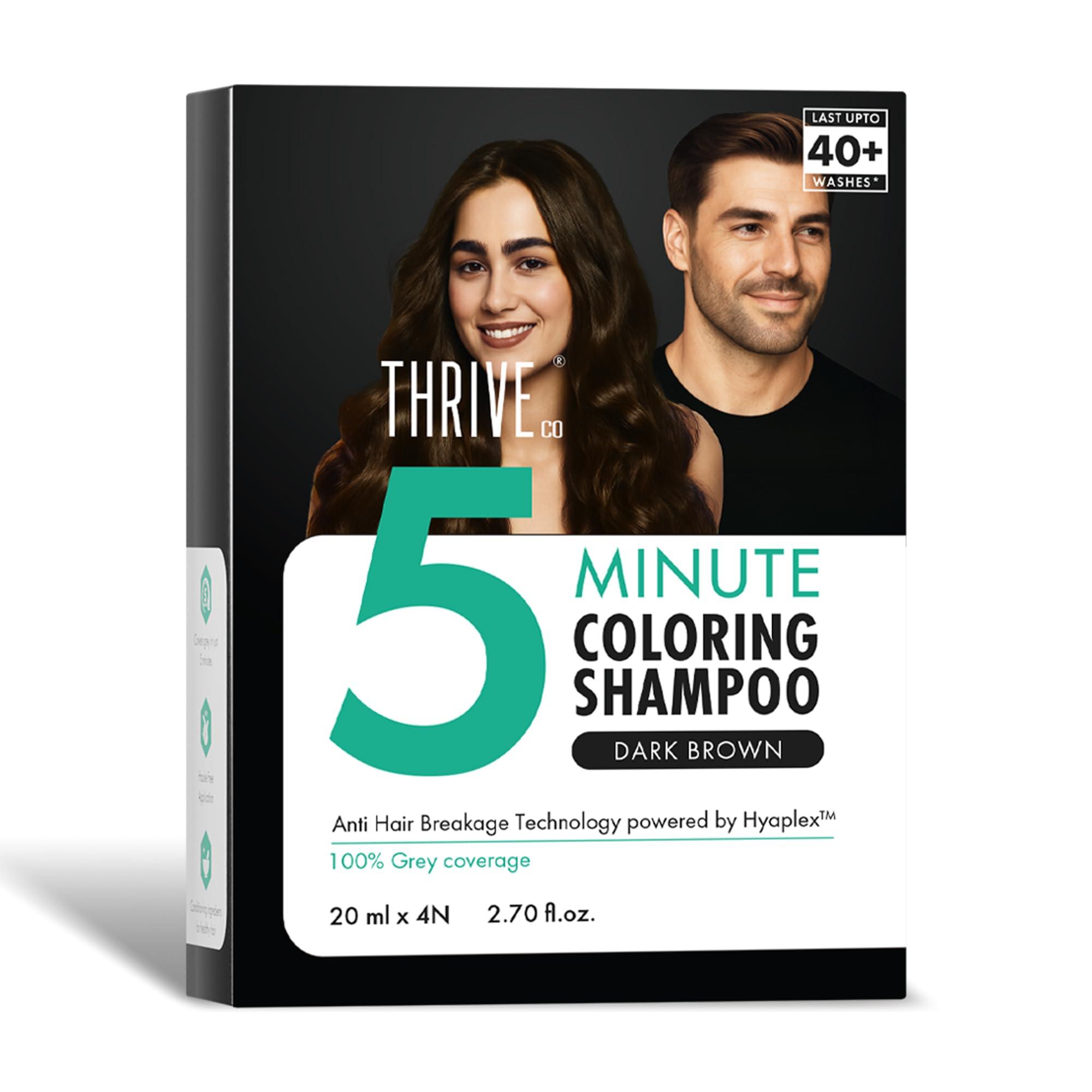 ThriveCo Hair Colour Shampoo, Dark Brown | 5-Minute Instant Hair Dye Color Shampoo | 100% Coverage for Grey Hair | Ammonia-Free, Long Lasting | Glossy Finish with Hyaplex™ | for Men & Women | Pack of 4 x 20ml (80ml)
