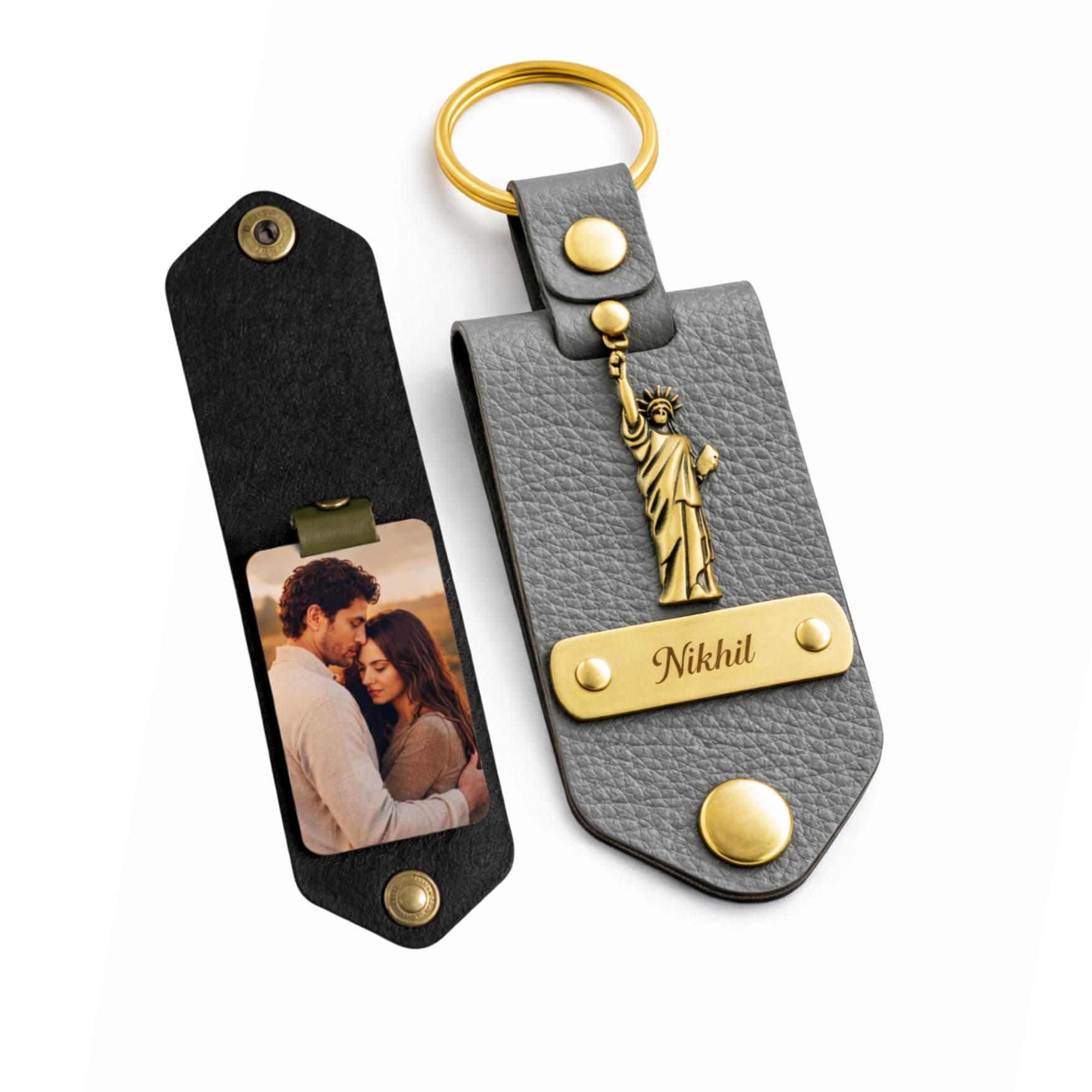 The Bae Gift Personalised Leather Keychain with Custom Name & Charm, Unisex, Modern Style, Customisable (GREY)