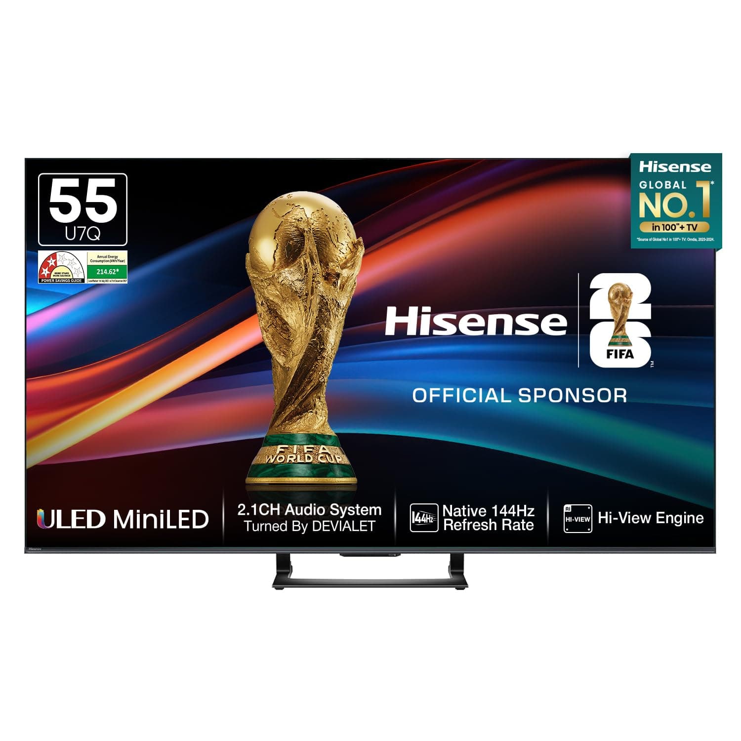 Hisense 139 cm (55 Inches) 4K QLED Mini LED Smart TV | 900 NITS Peak Brightness | 144Hz Game Mode | Dolby Vision IQ & Dolby Atmos | 2.1 CH 40W Speakers (Built-in Subwoofer) | VIDAA OS | 55U7Q (Black)