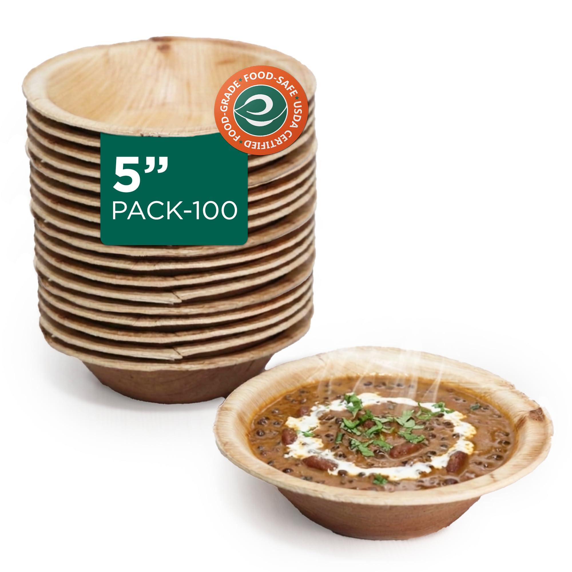 ECO SOUL [200 ml, 100 Pack Bamboo Bowls | Like Wooden Bamboo | Eco Friendly, Biodegradable, Use and Throw Small Dona | for Serving Pasta, Soup & Snacks | Birthday, Wedding & Party (5 inch)