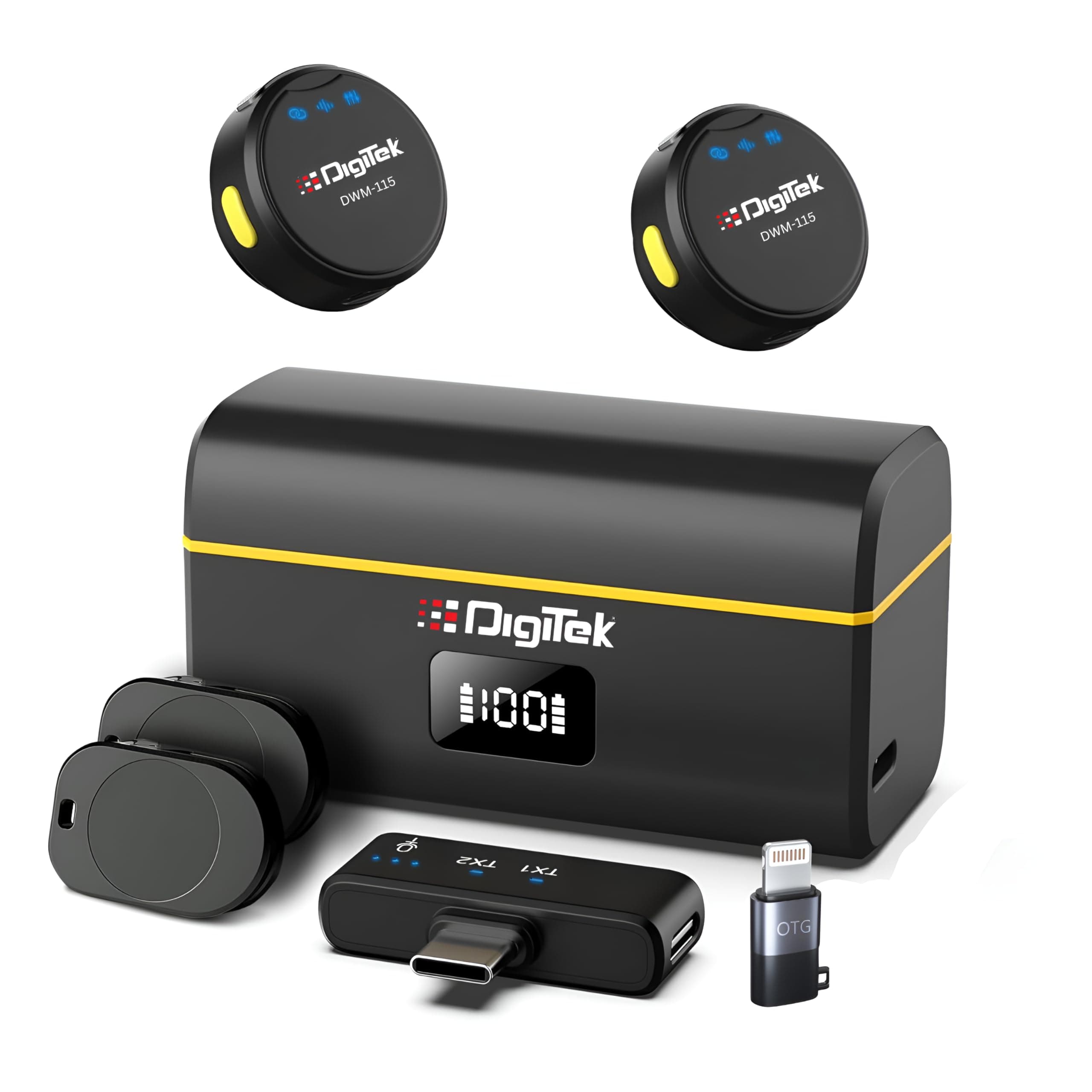 Digitek® (DWM-115 2-in-1 Wireless Microphone, 2.4GHz, Magnetic Clip, Noise Reduction Lavalier Mic, 40m Range, 6Hr Battery, 360° Sound Capture for iOS & Android, Ideal Video Recording, Vlogging