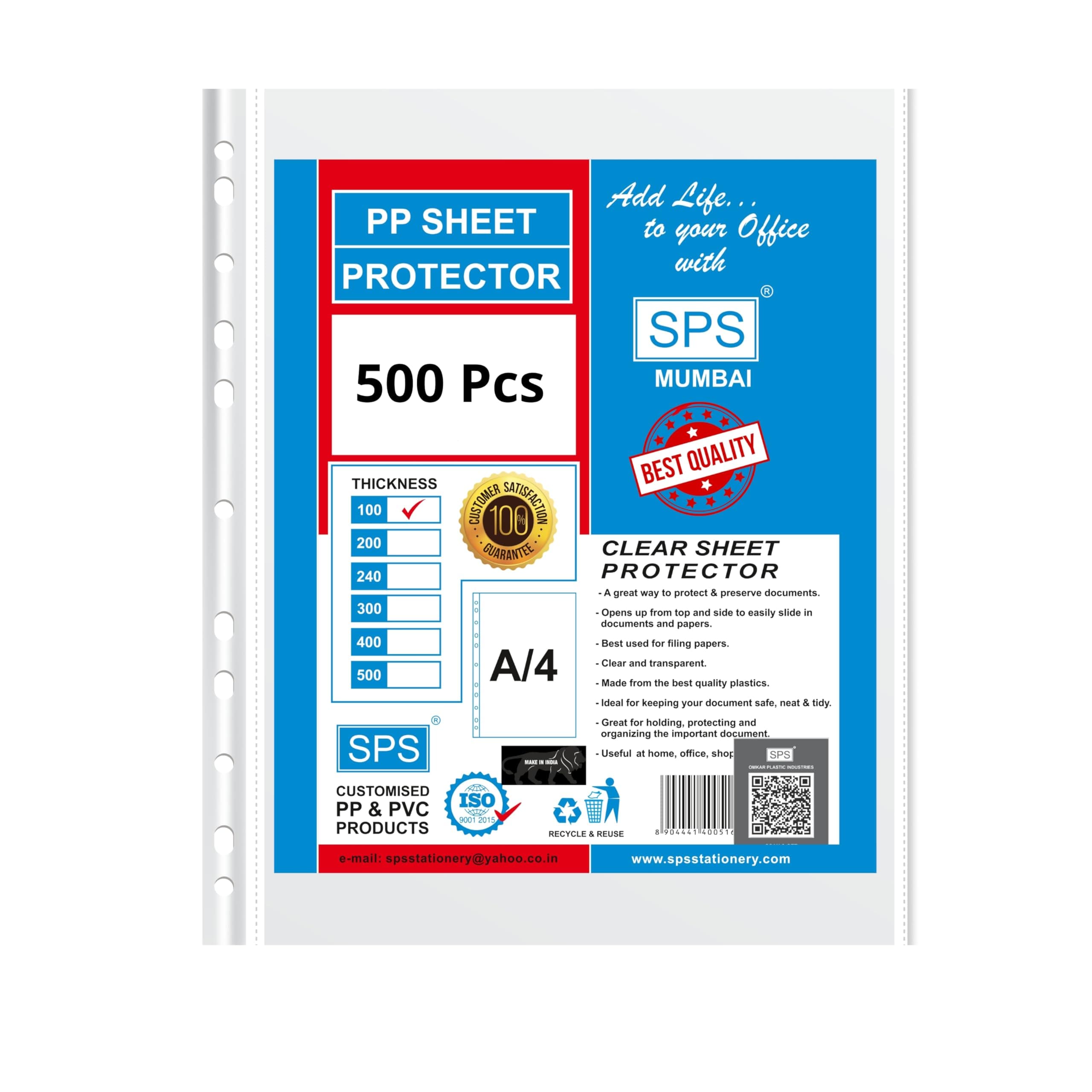 SPS A4 Size 500 Pcs 100 Micron Sheet Protectors, Transparent Document Sleeves, Leaf Sheet Clear Certificates, Waterproof 11 Holes Punched Ring Files Folder (A4, 100 Micron, Pack of 500)