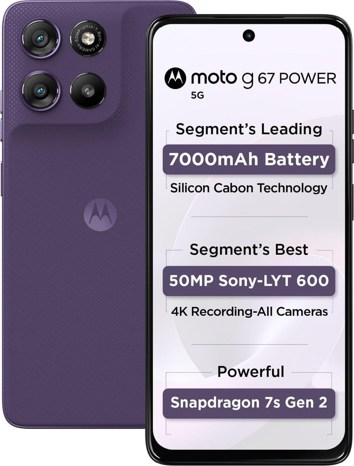 Motorola G67 Power 5G (Pantone Parachute Purple, 8GB RAM, 128GB Storage) | 6.7" FHD+ 120Hz LCD Display | Snapdragon 7s Gen2 Processor | 50MP + 8MP UW Camera | 7000mAh Battery with 30W Charger | IP64