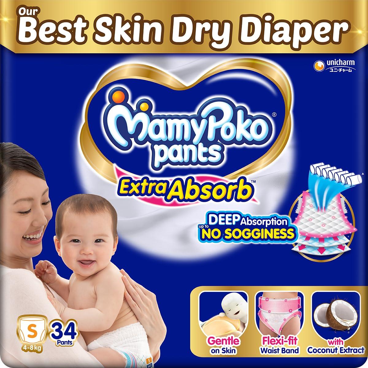 MamyPoko Pants Extra Absorb Baby Diapers, Small (S size), 4-8 kg, 34 Count, Deep Sleep Diapers, Soft gentle fit, Deep Absorbent Crisscross, skin friendly with coconut oil