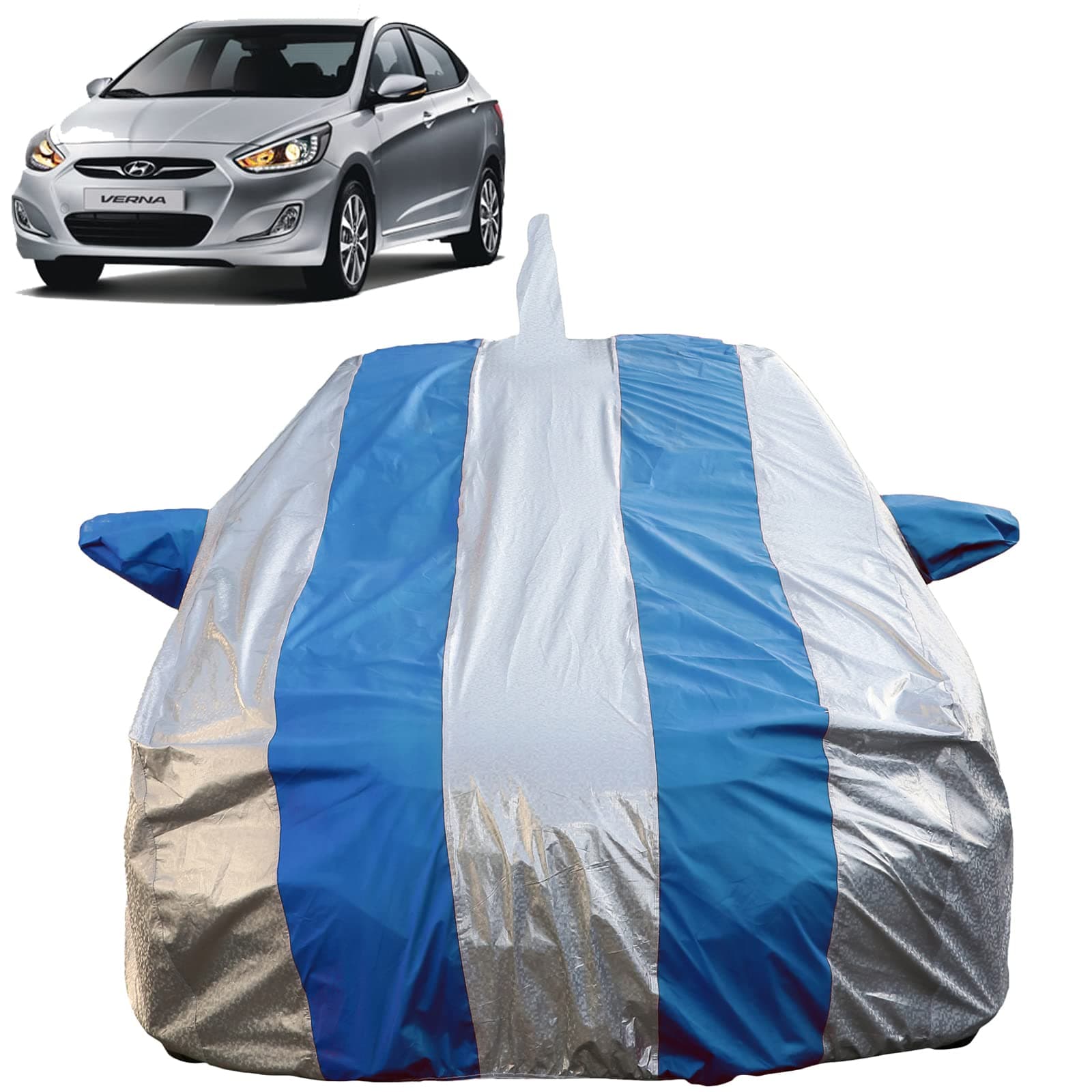 Autofact Waterproof Car Body Cover Compatible with Hyundai Verna Fludic (2011 to 2016) with Mirror and Antenna Pockets (Blue Stripes with Shinning Silver Fabric/Waterproof Cover)