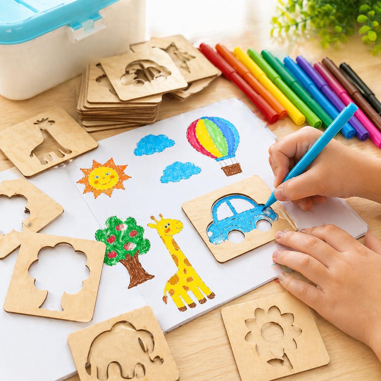 Pandaworld Kids Wooden Painting Stencil kit (20 pcs) with Crayons, Sketch pens and Pencil Colors, Wooden Drawing Craft, Colouring Puzzle kit | Birthday Gift for Boys & Girls Age 3 4 5 6+ Years