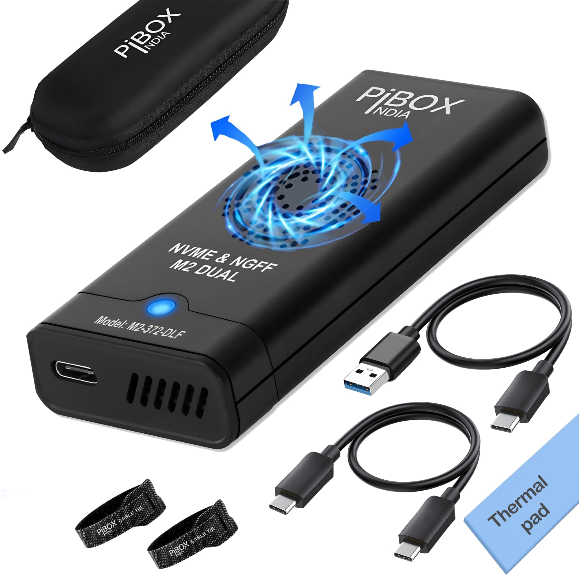 NVME M.2 Fan Enclosure, PiBOX India Dual protocol NVMe/NGFF SATA SSD Enclosure Smart Fan- USB 3.2 10Gbps, Tool-Free M.2 NVMe Case, PCI-E NVMe to USB-C, Supports M, B&M Keys 2230/2242/2280 SSD RTL9210B
