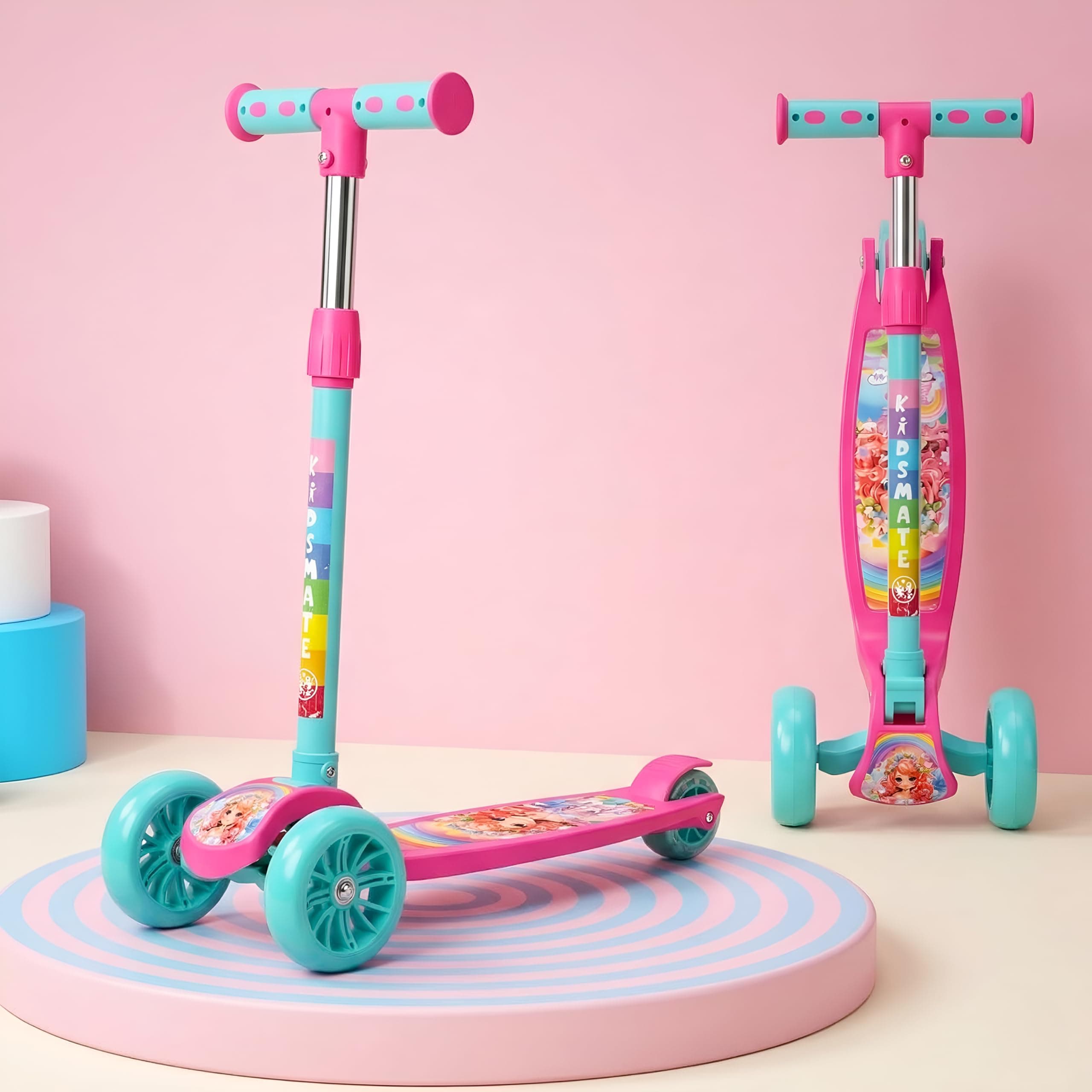 Kidsmate Cruiser Kick Scooter for Kids with Broad Wheels | 3-Wheel Skate Scooter for Boys & Girls of Ages 2-12 Years | Level Adjustable Height, and Easy Fold Design Scooter for Kids (Pink Sea Green)