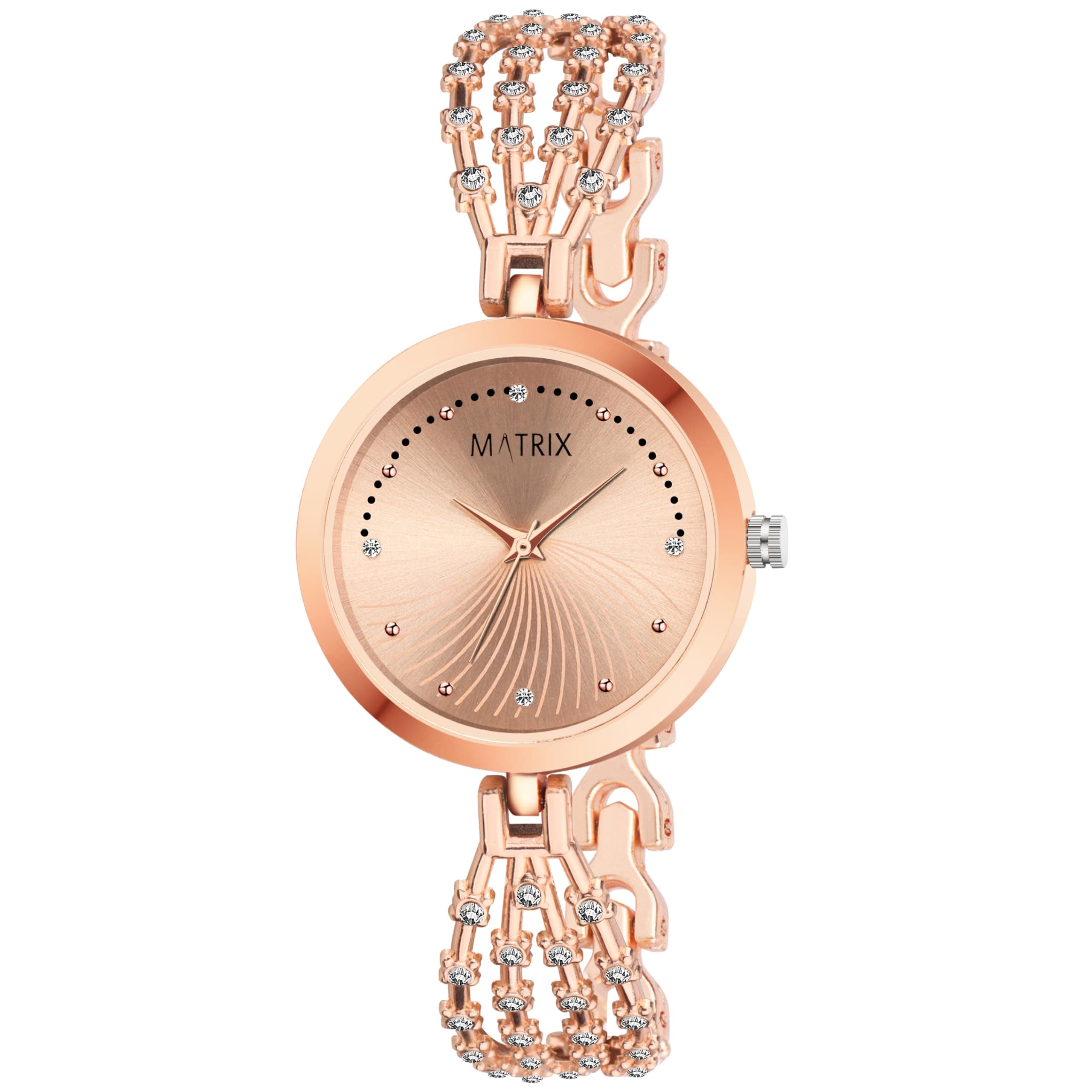 Matrix Stainless Steel Daisy Collection | Stone Studded Rose Gold Dial With Stone Studded Bracelet Chain Analog Watch For Women & Girls, Bandcolor-Rose Gold