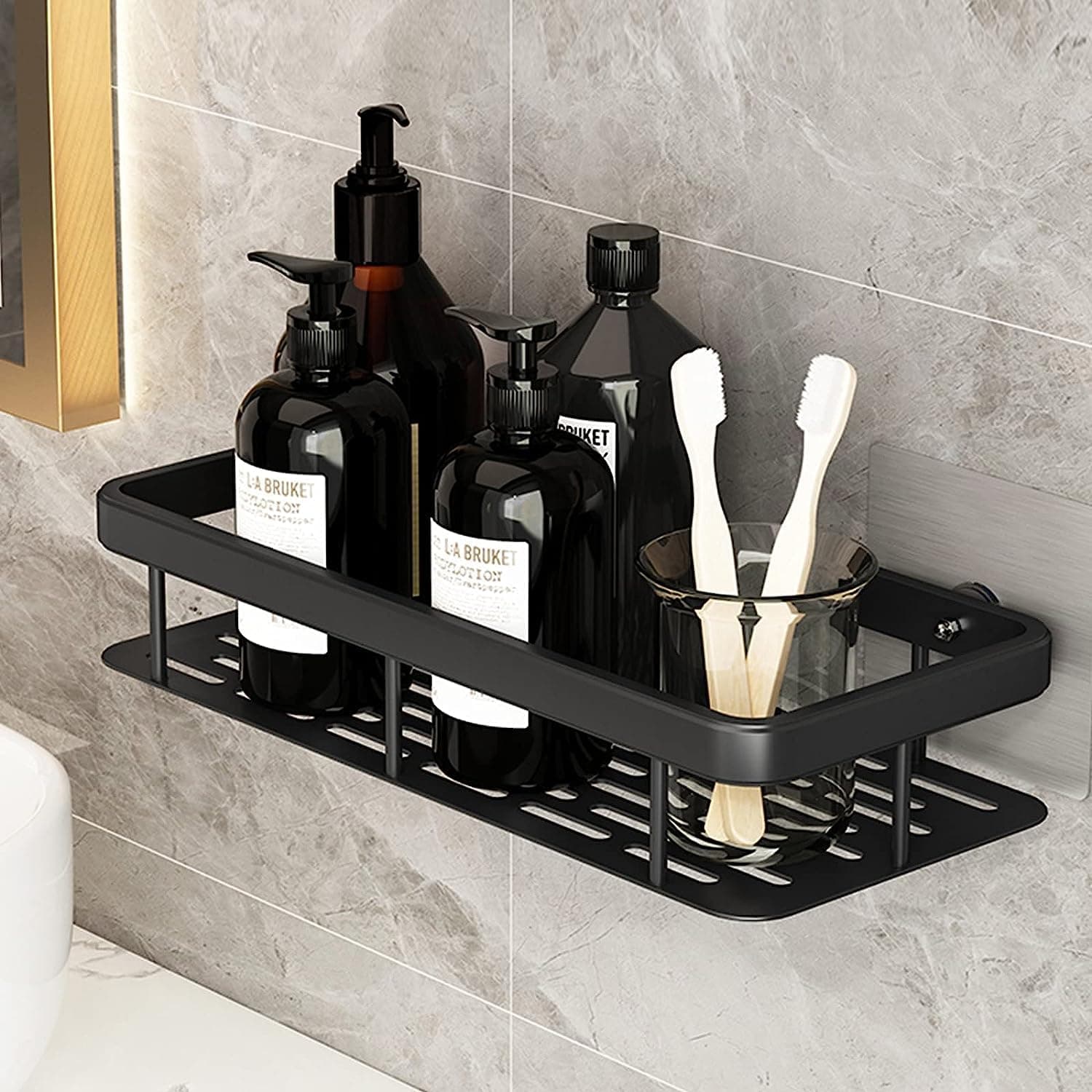 JIALTO 1 Pcs Bathroom Accessories - Multipurpose Aluminium Bathroom Shelf for Wall | Self-Adhesive Wall Mounted Bathroom Organiser Without Drill | 1 Pcs Black Bathroom Shelf | Bathroom Rack (Black)