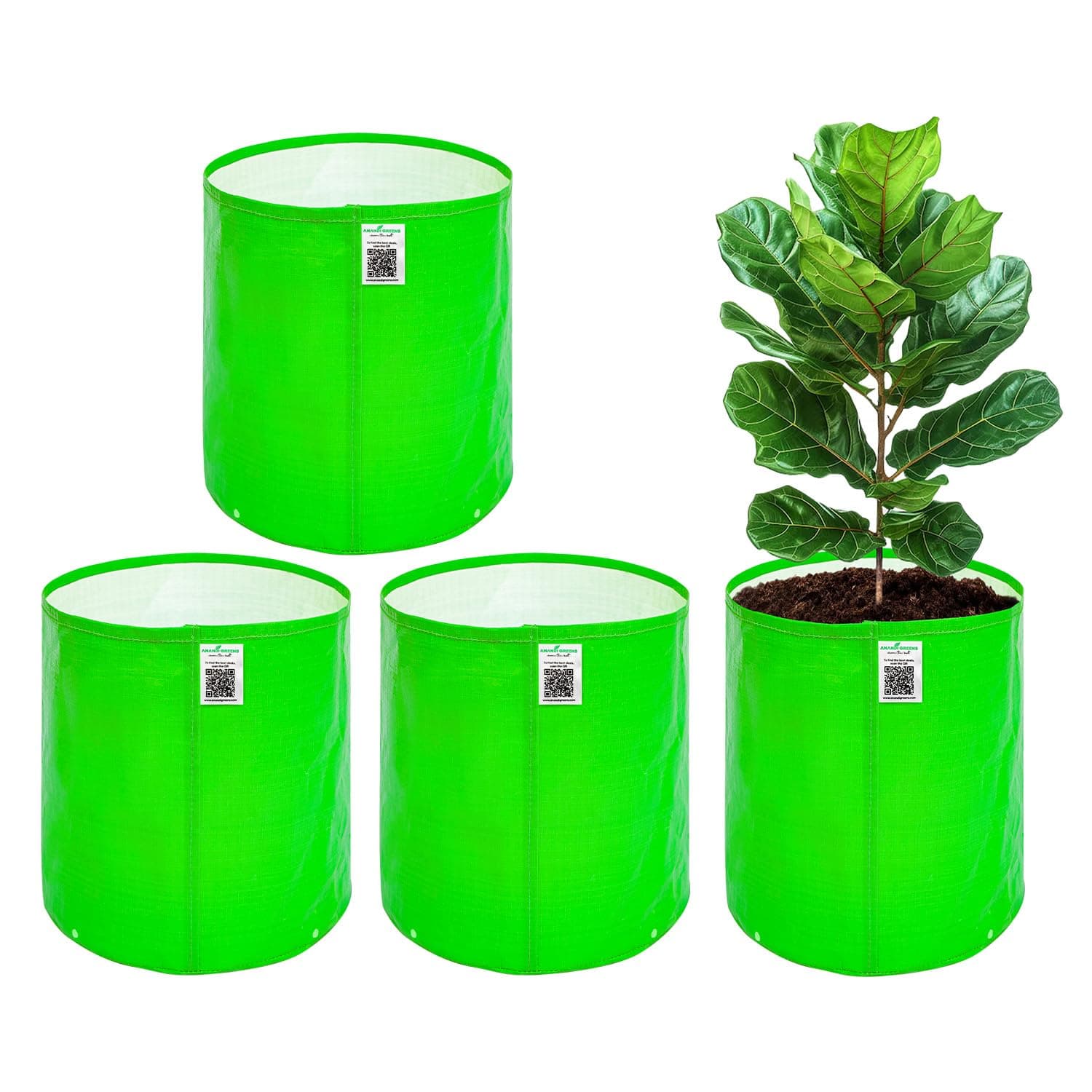 Anandi Green's HDPE Uv Protected 260 GSM Round Green Colour Plant Grow Bags Suitable for Terrace and Vegetable Gardening Size 12x15 Inch Pack of 4 Plant Bags