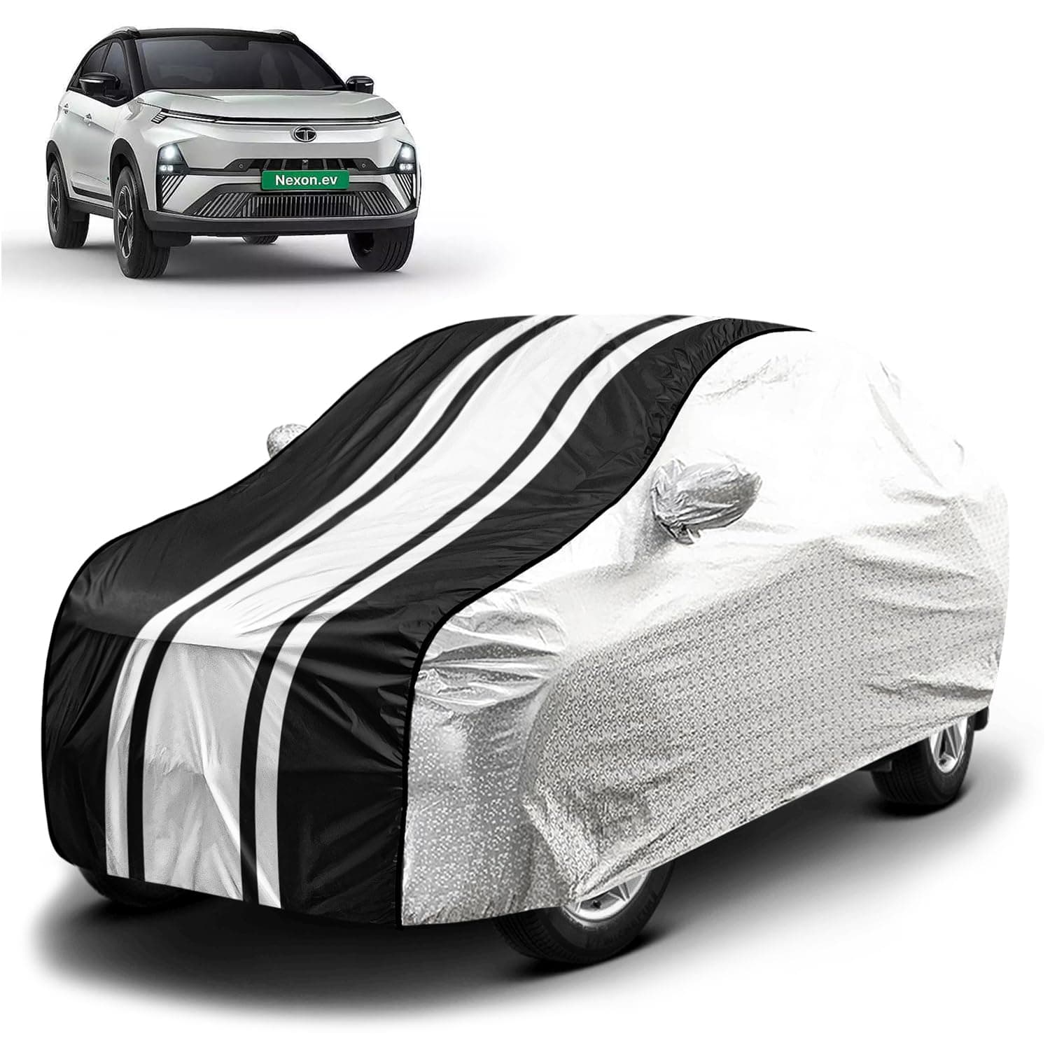 Fabtec Waterproof Car Body Cover for Tata Nexon EV with Mirror Pocket and Soft Cotton Lining, Bottom Elastic, Triple Stitched (Metallic Silver with Black Stripes) (No Antenna Pocket)