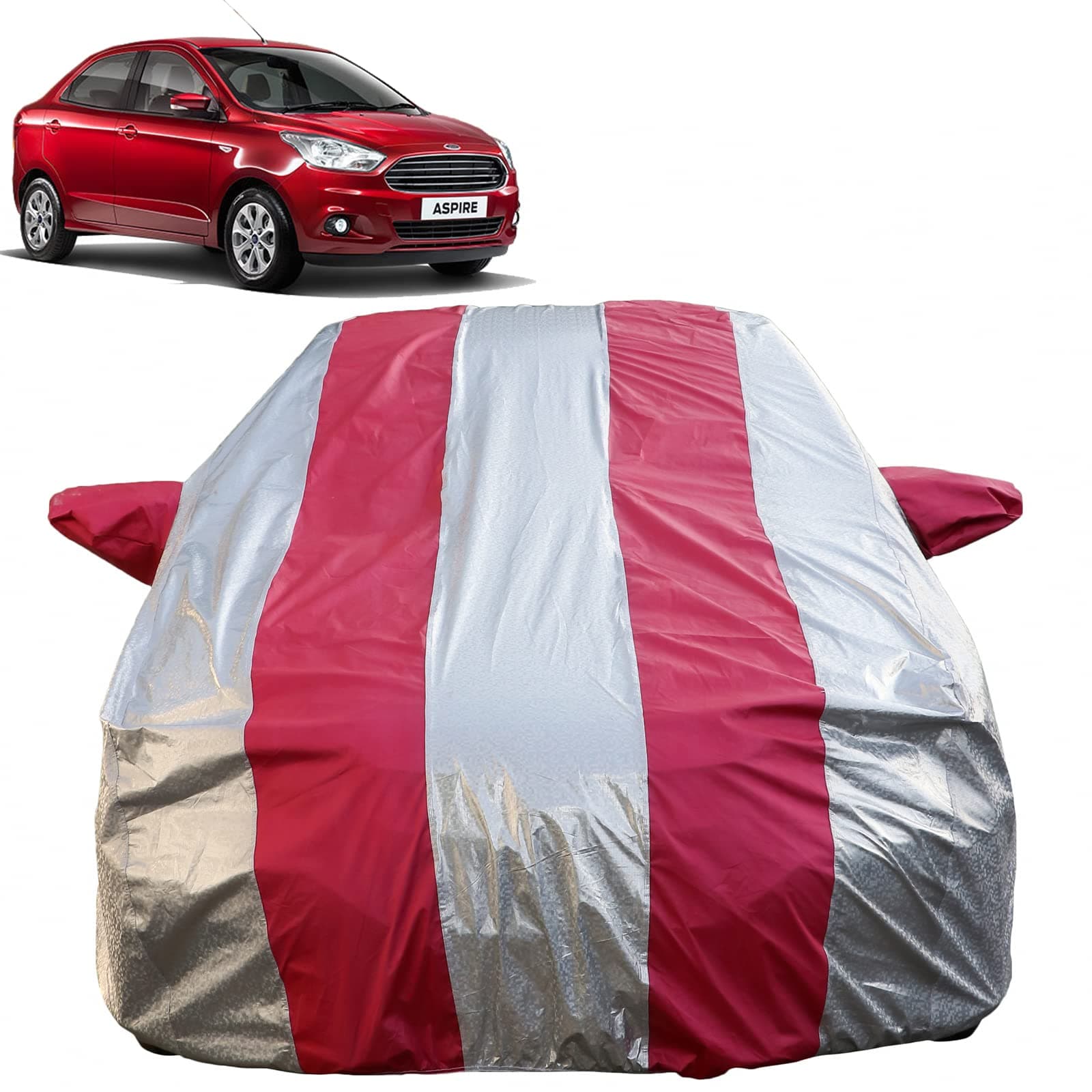 Autofact Waterproof Car Body Cover Compatible with Ford Figo Aspire (2015 to 2022) with Mirror Pockets (Pink Stripes with Shinning Silver Fabric/Waterproof Cover)