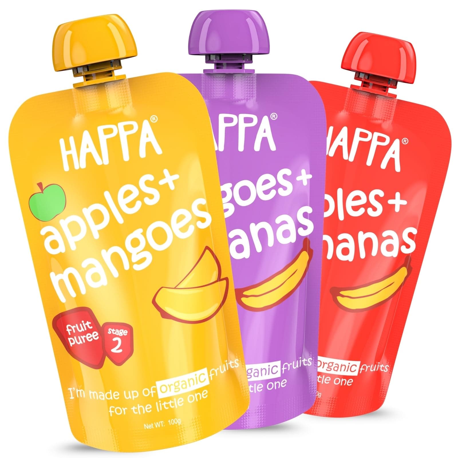 Happa Organic Baby Food Puree | 100% Fruits | No Added Sugar, No Milk Powder, No Preservatives | Stage 2 (6 Months+) | Ready to Eat | Free from Common Allergens | Pack of 3 (100g Each)