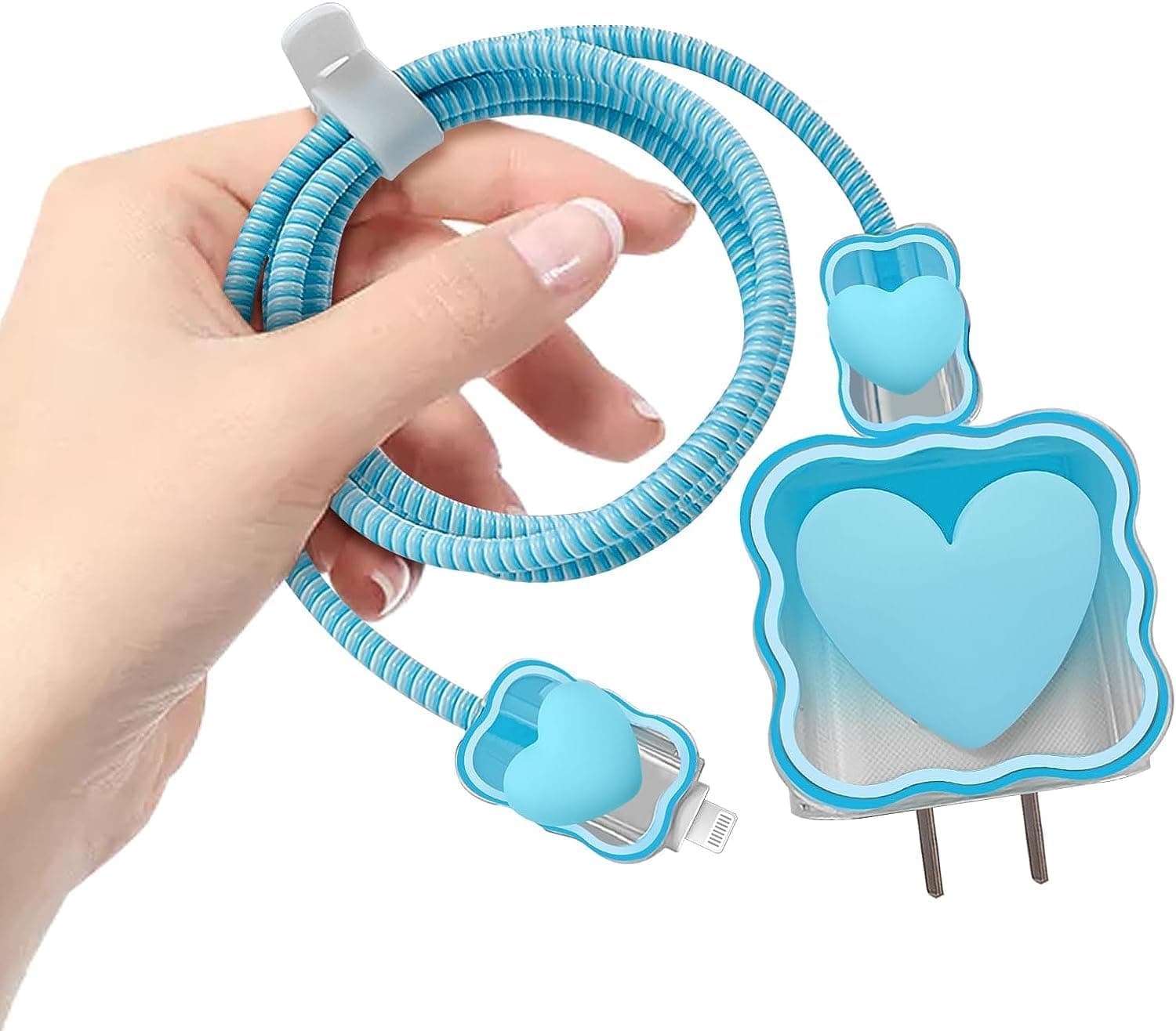 INEFABLE Charger Case Cover Protector with 3D Cute Pattern for iPhone Charger only 18W & 20W, Data Charging Cable Wire Saver Protective Cable Cover Full Protection - Set Of 1 (Blue Heart)