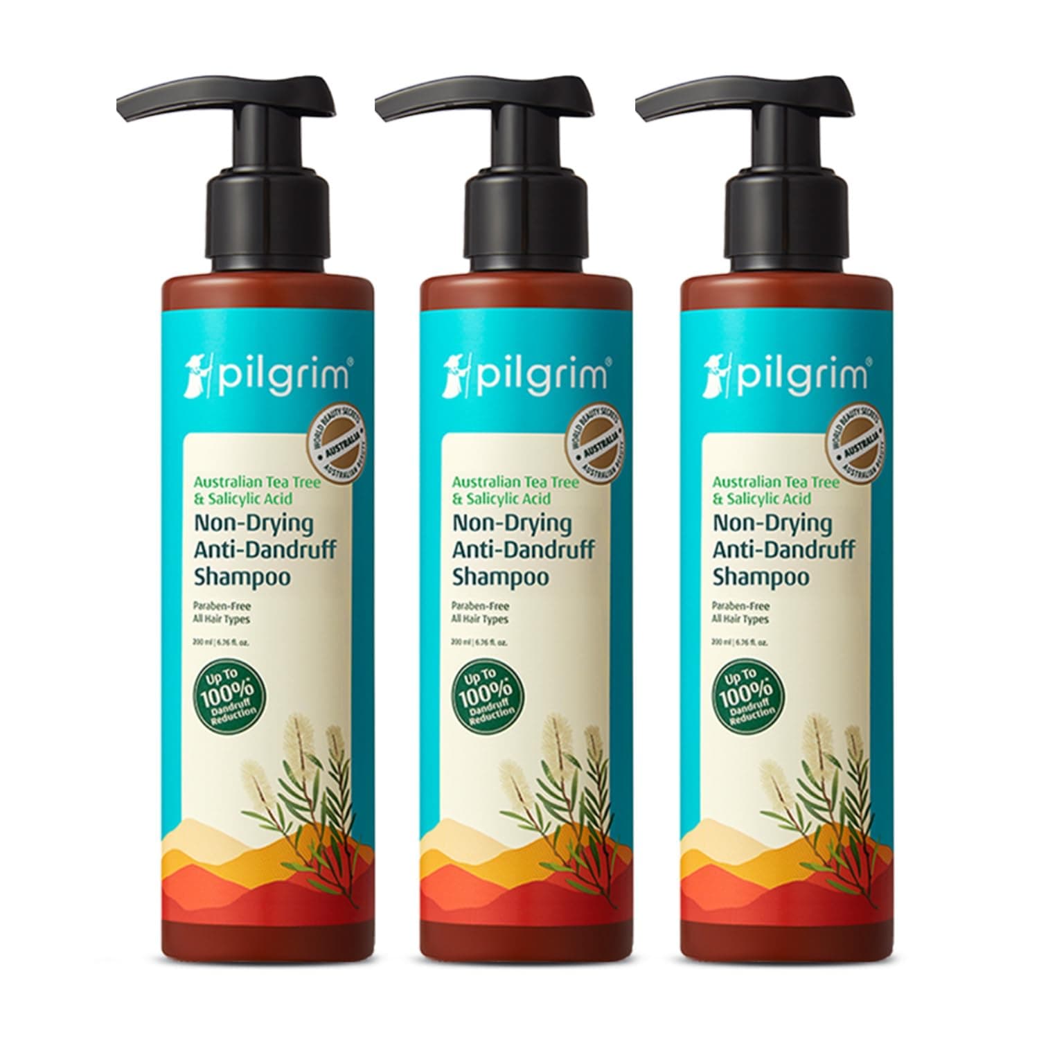 Pilgrim Australian Tea Tree Non-Drying Anti-Dandruff Shampoo 200ml (3 Pack)