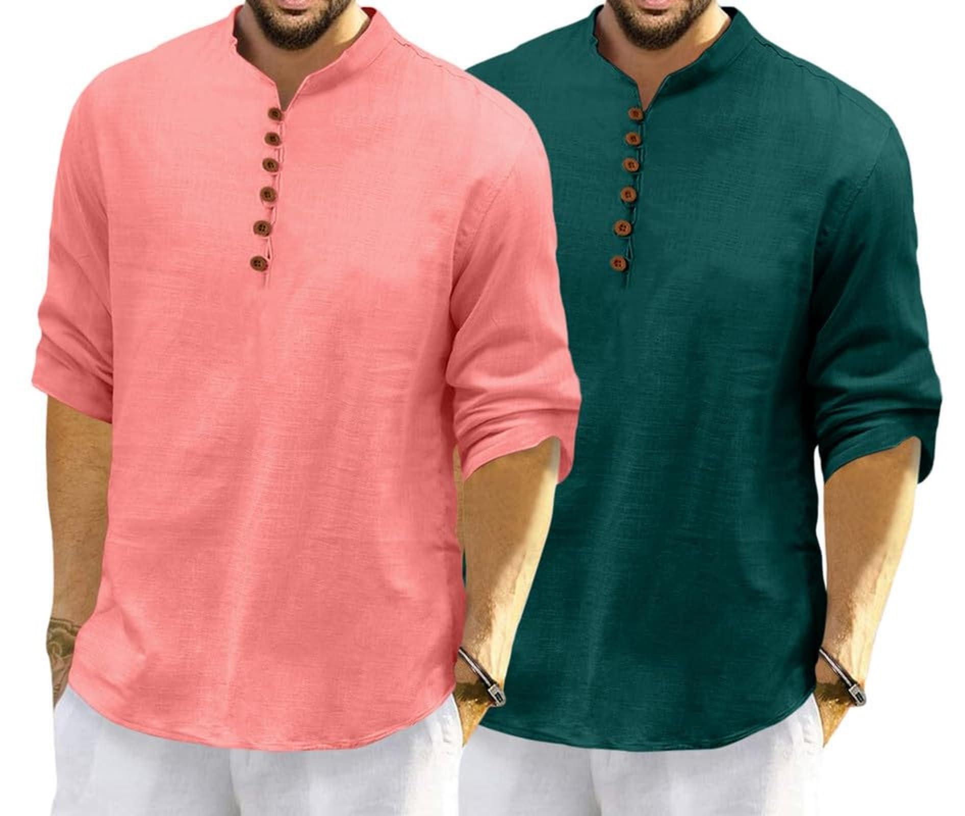 ROYALSCOUT Men's Cotton Polyester Blend Solid Regular Fit Full Sleeve Short Kurta | Ethnic, Lightweight Summer Kurta for Daily & Occasion Use