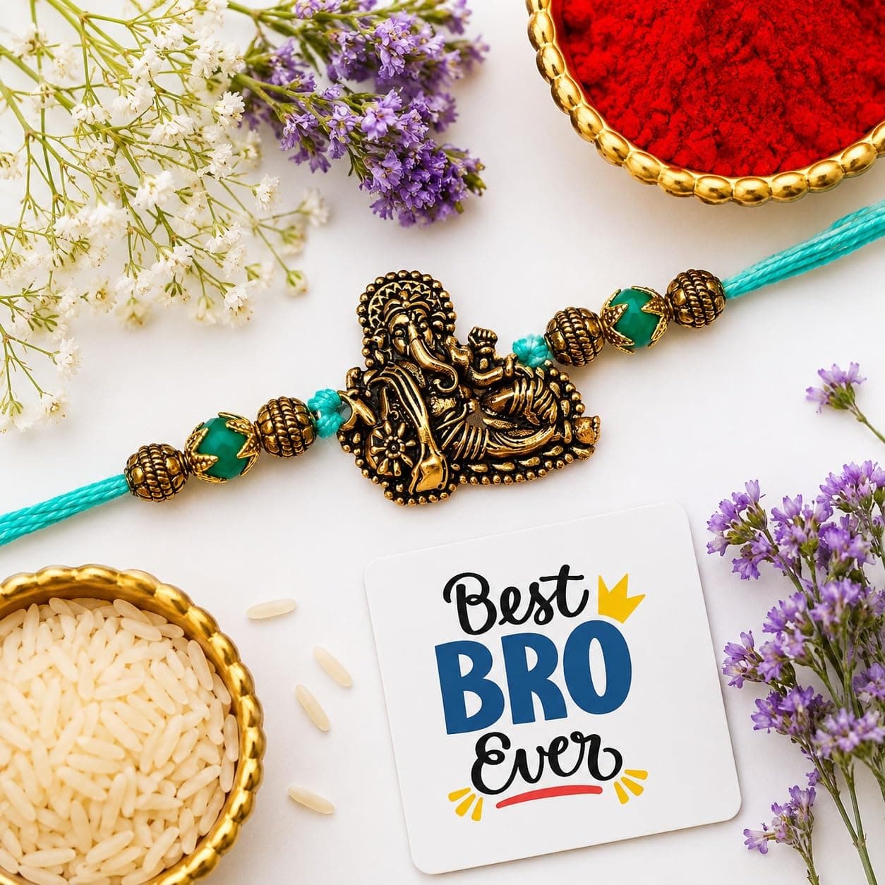 eCraftIndia Golden Lord Ganesha Designer Rakhi for Brother with Gift Combo Set | Raksha Bandhan Rakhi for Bhai Bhaiya | Best Bro Ever Fridge Magnet | Roli Chawal Pack