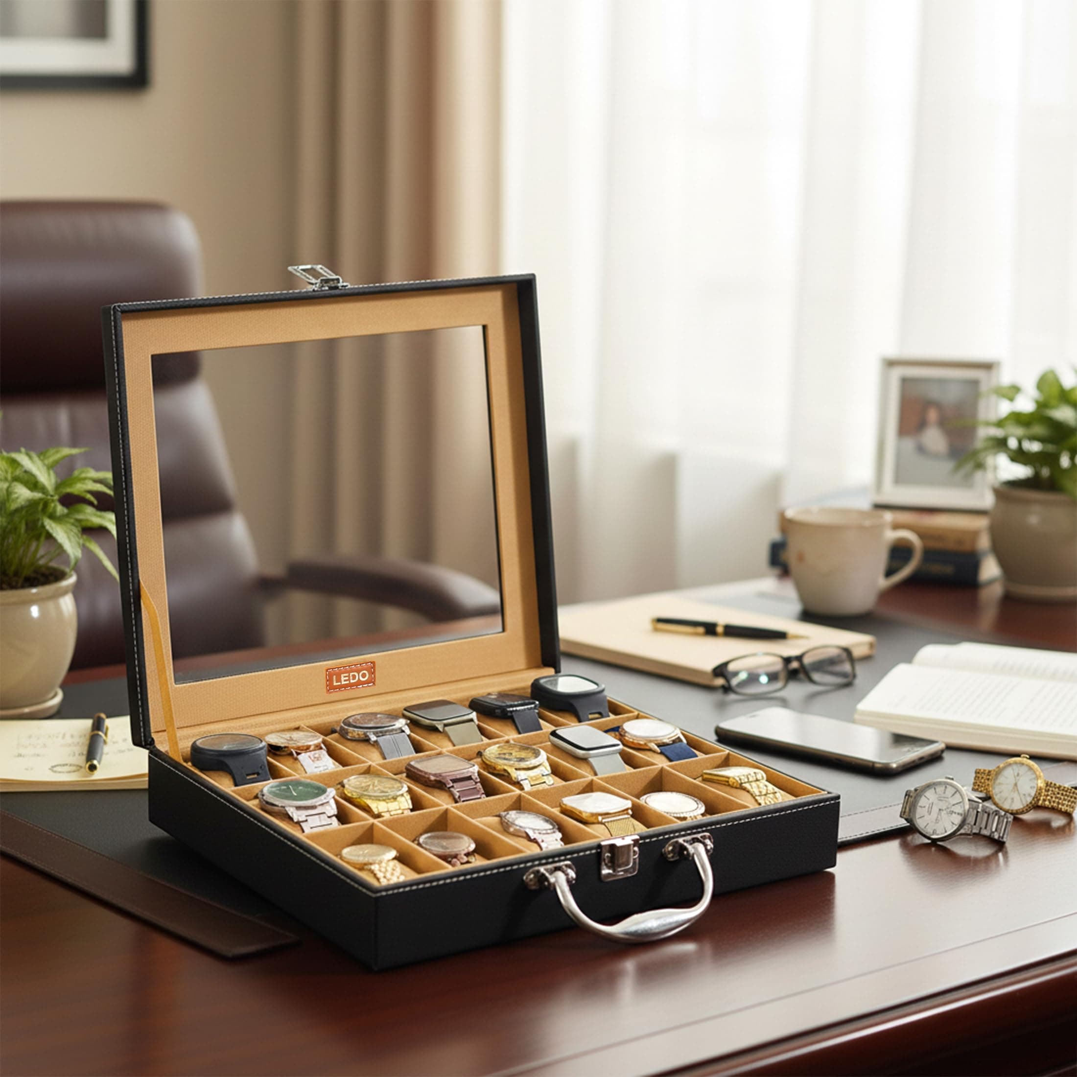 LEDO Men's and Women's Watch Box Holder Organizer Case In 18 Slots of watches In PU Leather with Black & Cream