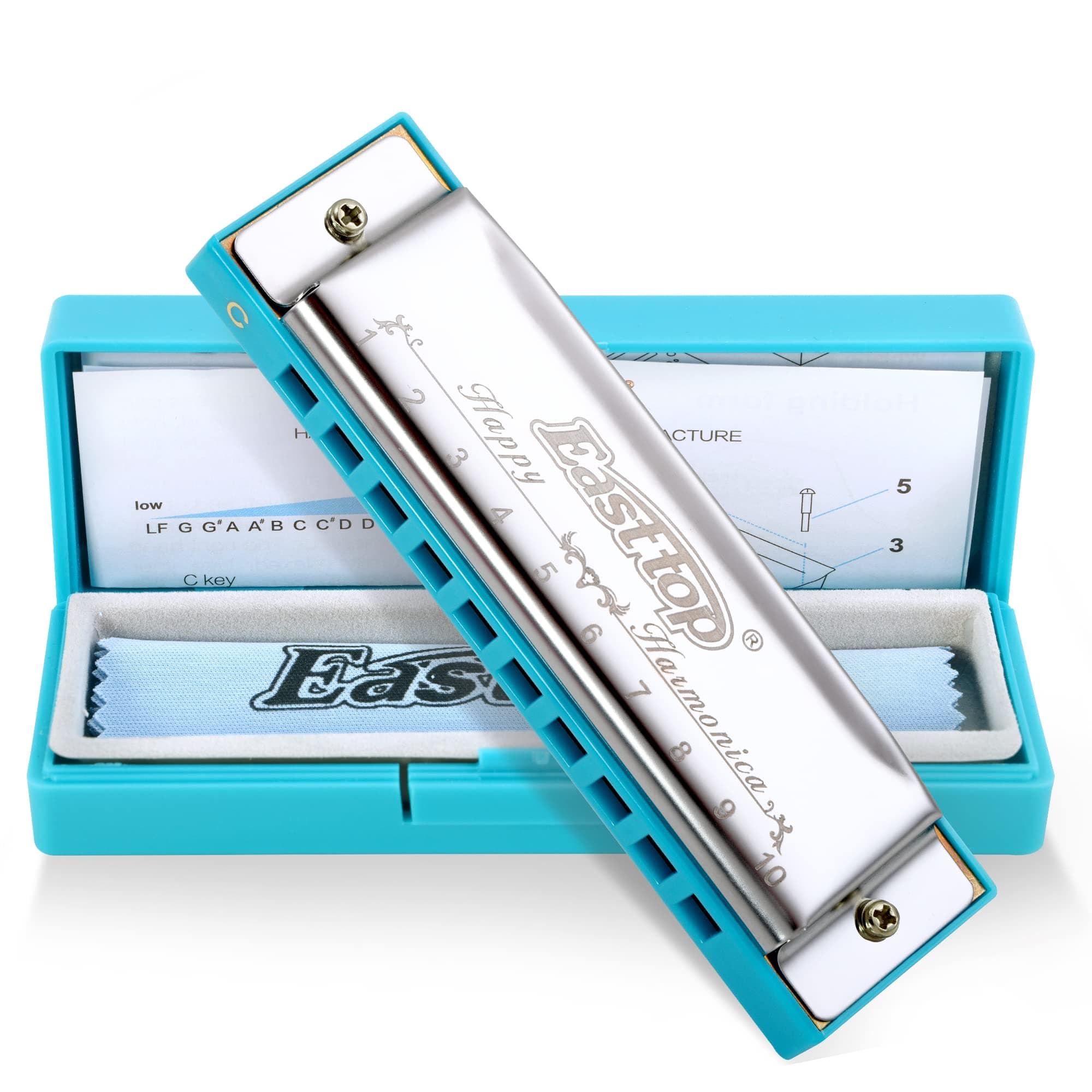 East top Blues Harmonica, Diatonic 10 Holes C Key Happy Harmonica Mouth Organ for Beginner,Kids,Children,Students,Gift,with Carrying Plastic Case,Clean Cloth and Manual