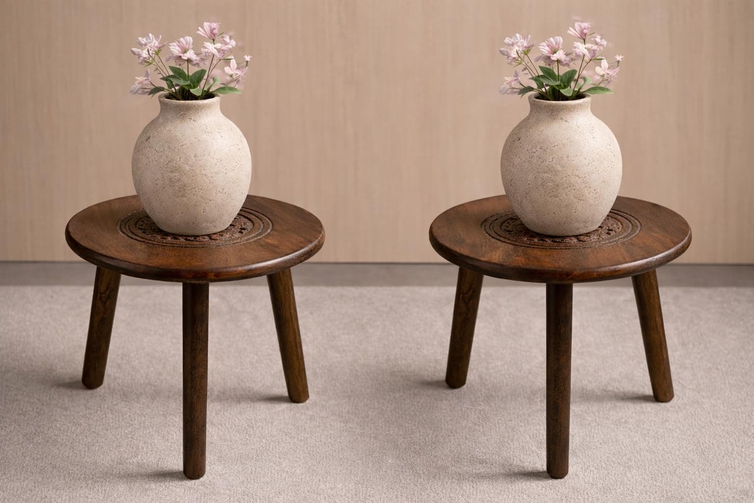 JAL HANDICRAFTS Wooden Three Legs Round Coffee Table & Side Table