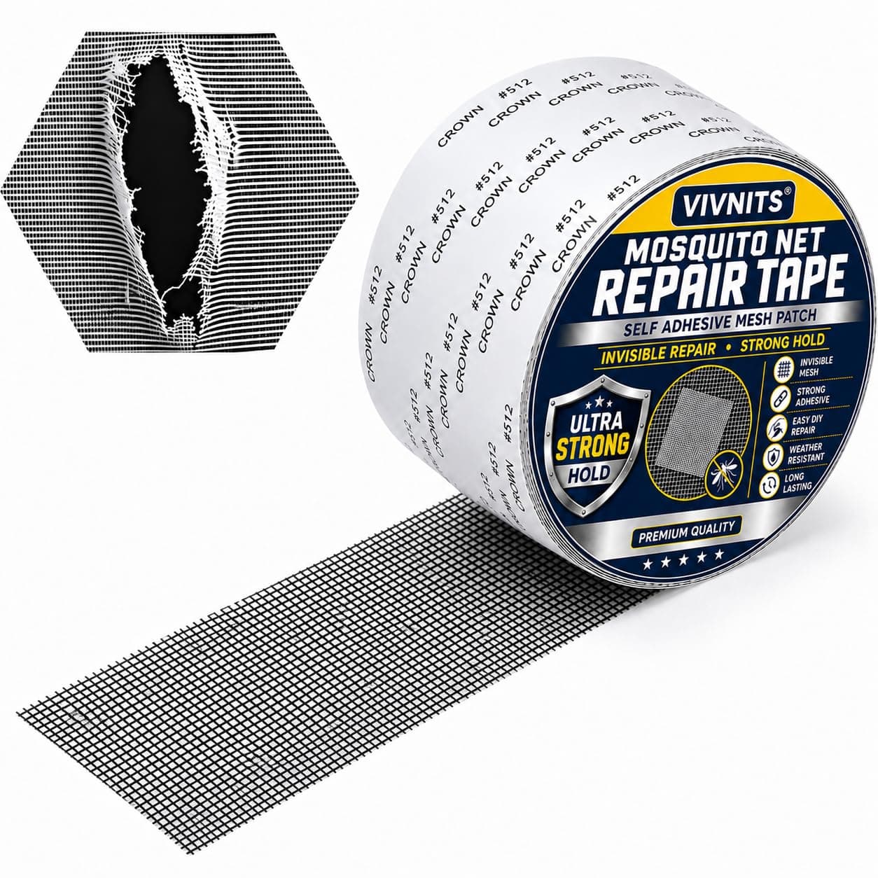 VIVNITS Mosquito Net Repair Tape 2 In x 79 In (5CM x 200CM), Self Adhesive Window Screen Mesh Roll, Peel and Stick Patch for Torn Holes, Durable Fiberglass Insect Screen (Standard Roll)