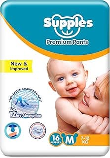 Amazon Brand - Supples Premium Baby Diaper Pants | 16 Baby Diapers | Medium | 7-12 Kg | 12 Hrs Absorption | Cushiony Cotton Soft Fabric | Phthalates-Free | Triple Leak Guard