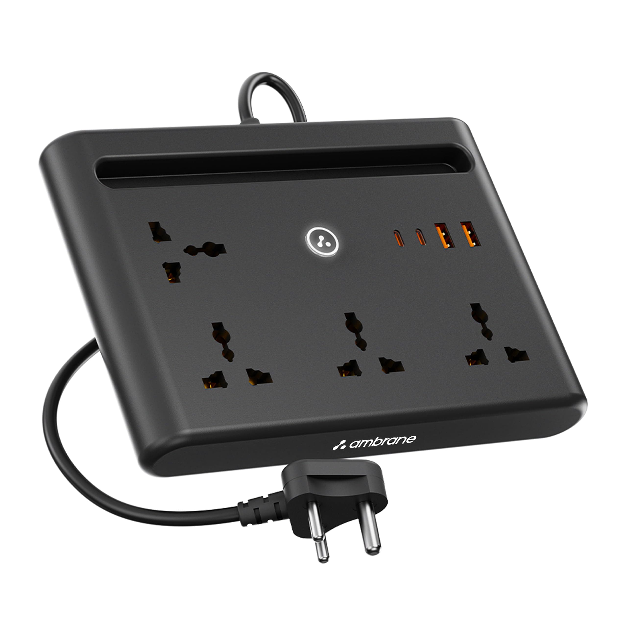 Ambrane 45WMobile & Laptop Charging Extension Board, Supports MacBook, 2 Type C, 2 USB, 4 AC Sockets, with Mobile Stand, 2500W Multi Extension, 2m Long Cable, Perfect for Table (Smartstrip 3 Pro)