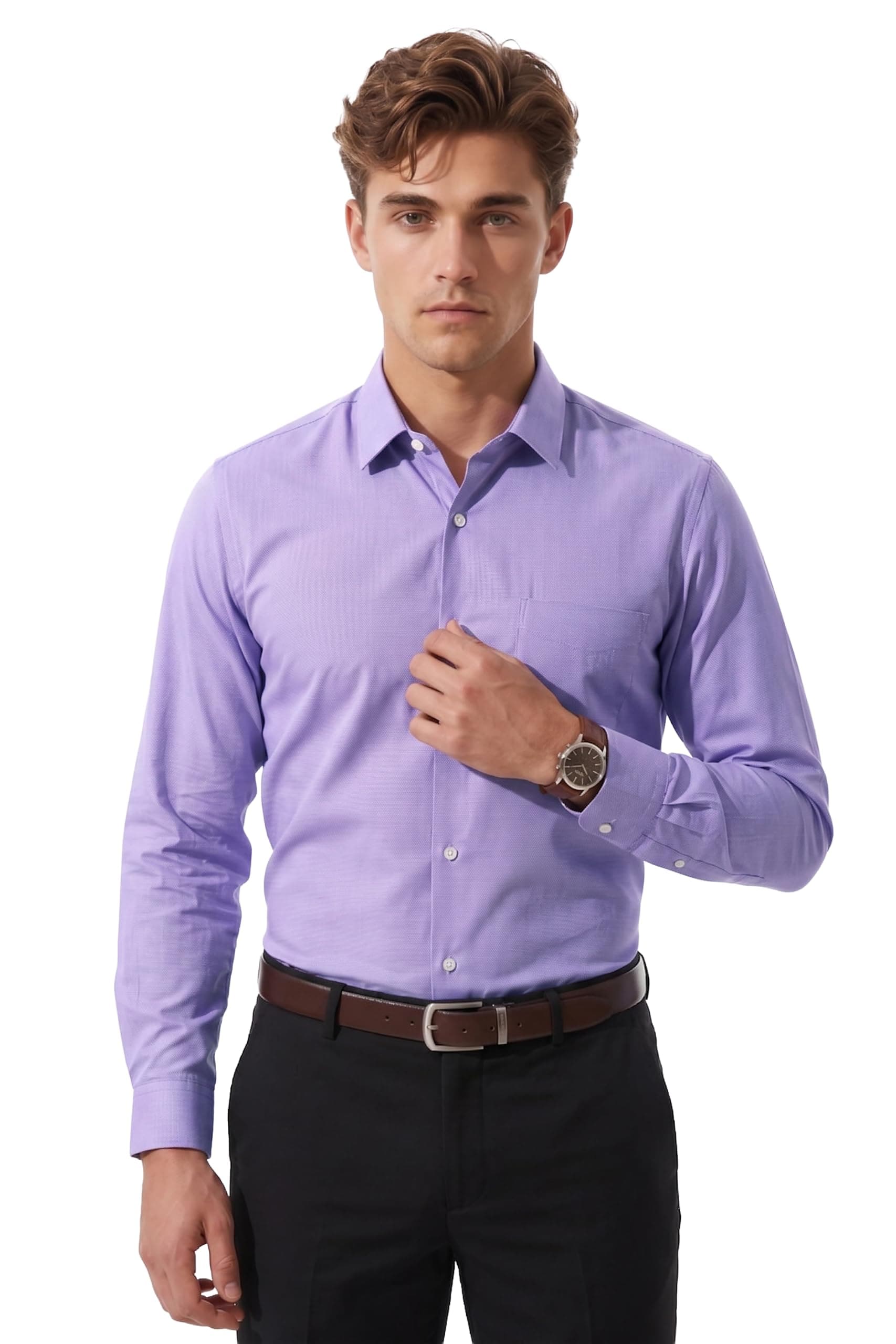 Peter England Men's Everday Regular Fit Solid Shirt | Cotton Rich | 5-Pin Pocketing Lilac