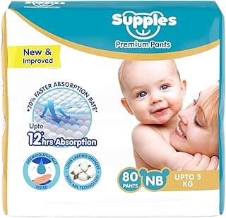 Amazon Brand - Supples Premium Diaper Pants | for Newborn Babies | 80 Diapers | NB/XS | Up to 5 Kg | 12 Hrs Absorption | Cushiony Cotton Soft Fabric | Phthalates-Free | Triple Leak Guard