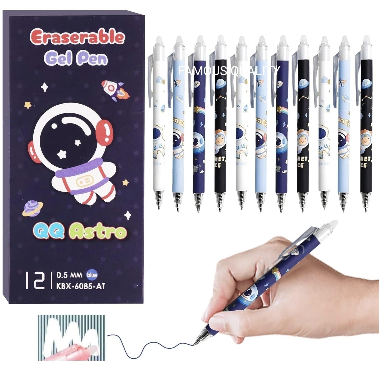FAMOUS QUALITY 12 Pc Astronaut Theme Stylish Retractable 0.5mm Erasable Gel Pen, Blue Ink | Smooth Writing | Refillable Gel Pen | Kawaii Stationery for Kids Birthday Party Return Gift – Blue Ink