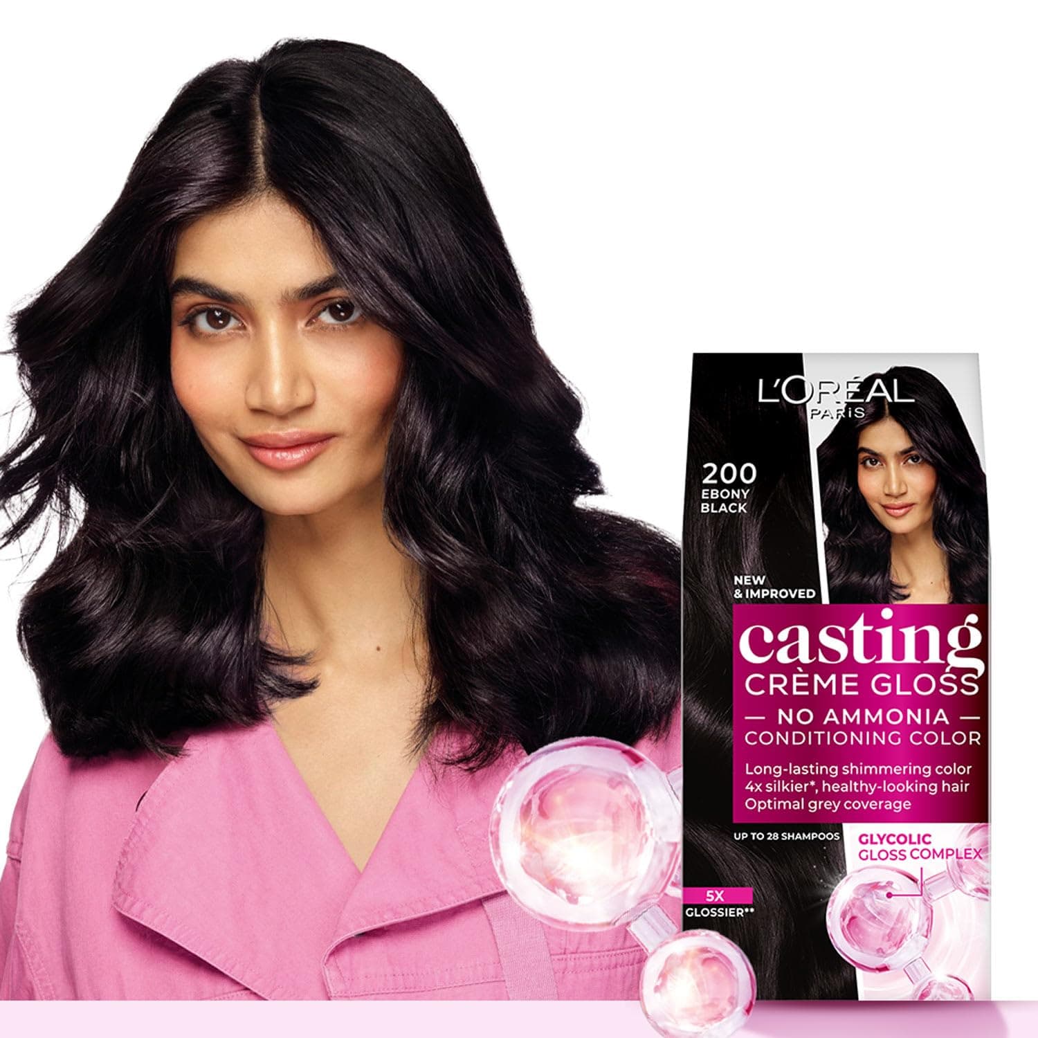 L'Oréal Paris Casting Crème Gloss Hair Color With Glycolic Gloss Complex | 5X Glossier Hair Color | Shade 200 - Ebony Black | 60g + 40ml + 60g